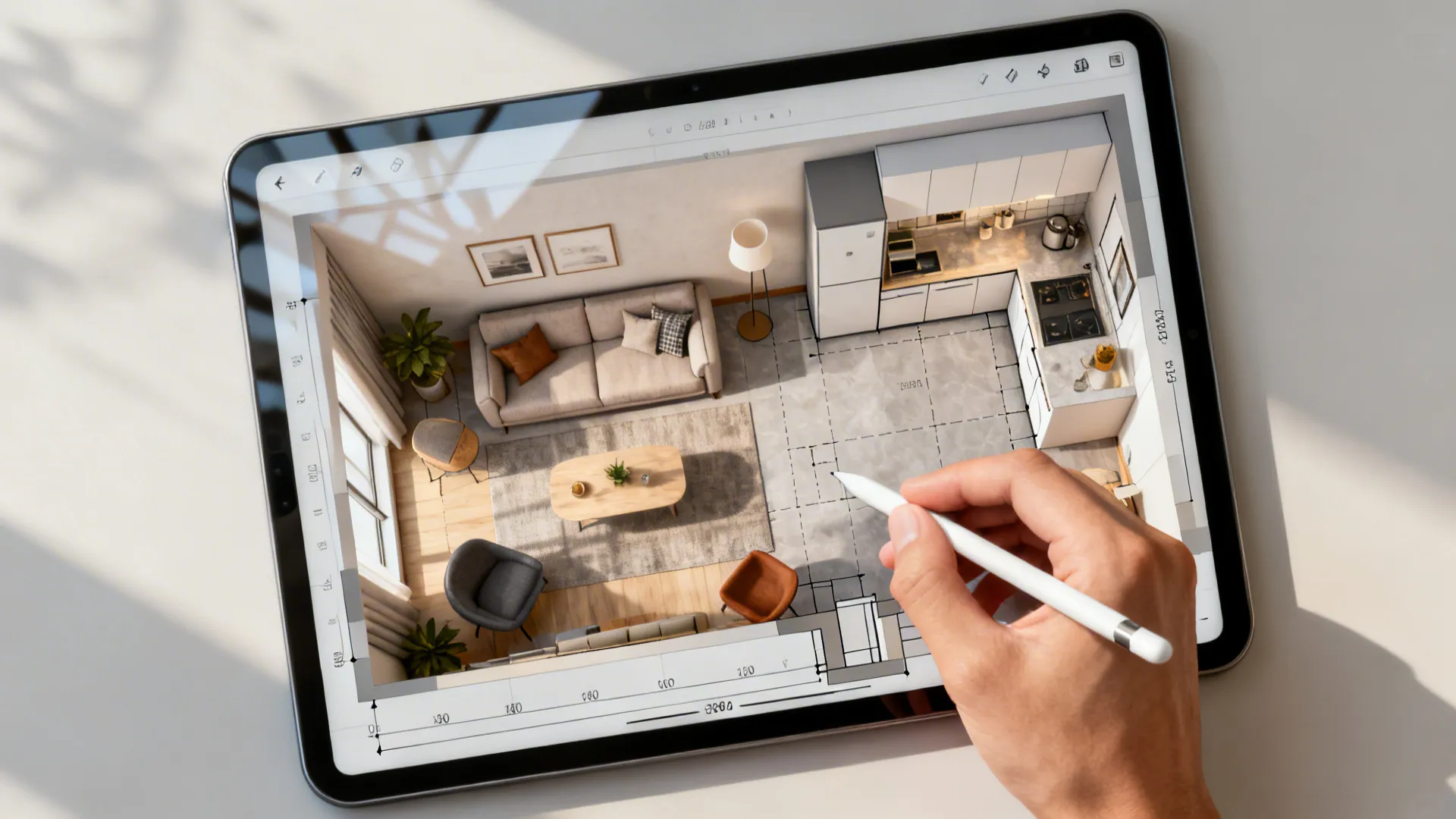 Top-down tablet mockup showing a room planner layout for a compact living room and kitchen