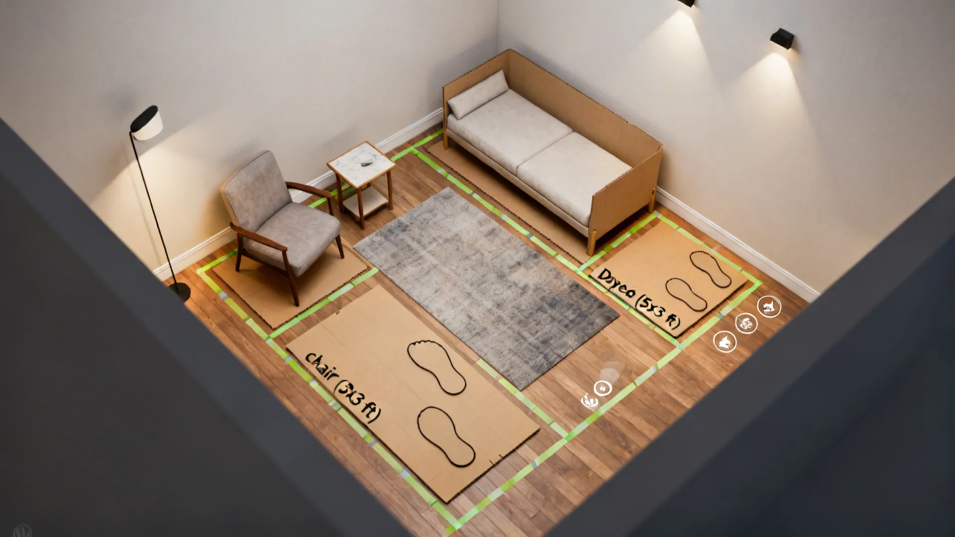 Top-down mockup showing painter's tape footprints and cardboard templates for cozy corner planning.