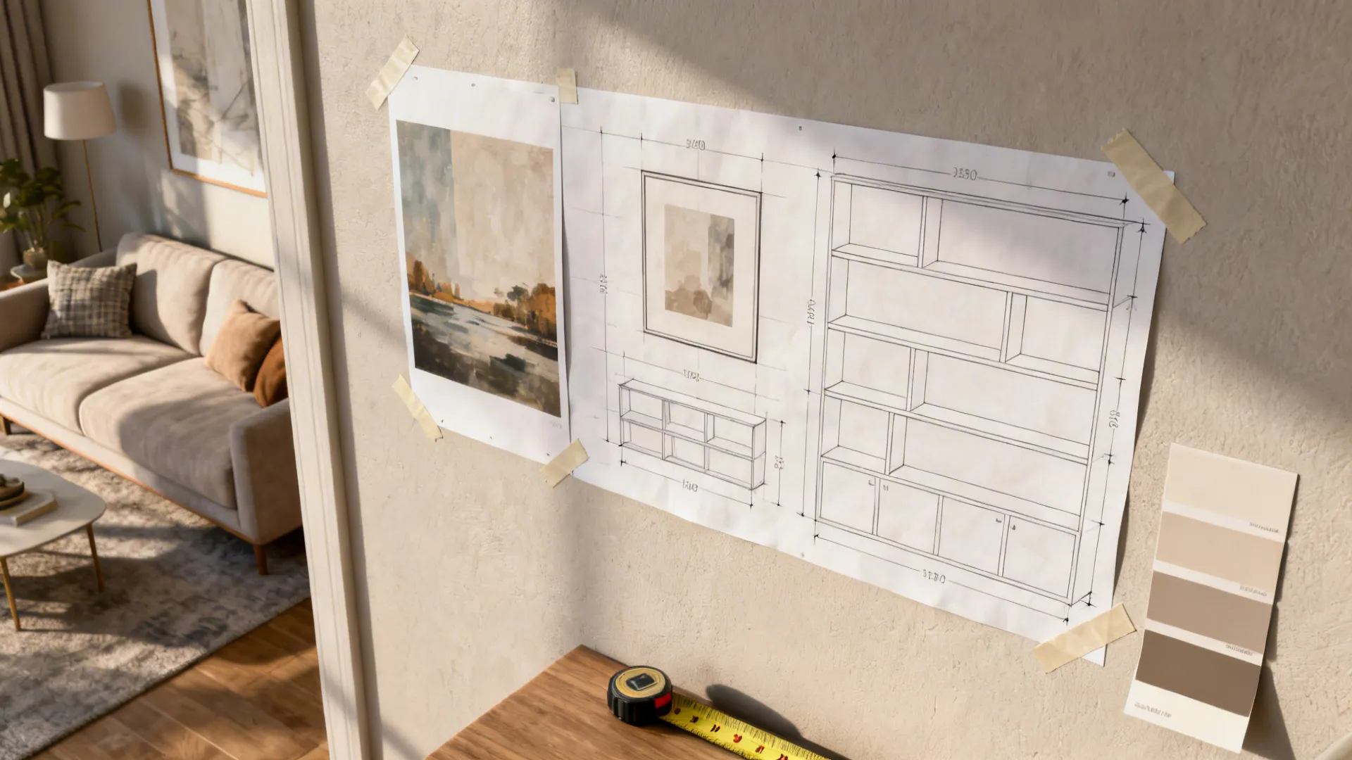 Top-down mockup of taped wall templates and measuring tools for planning art placement