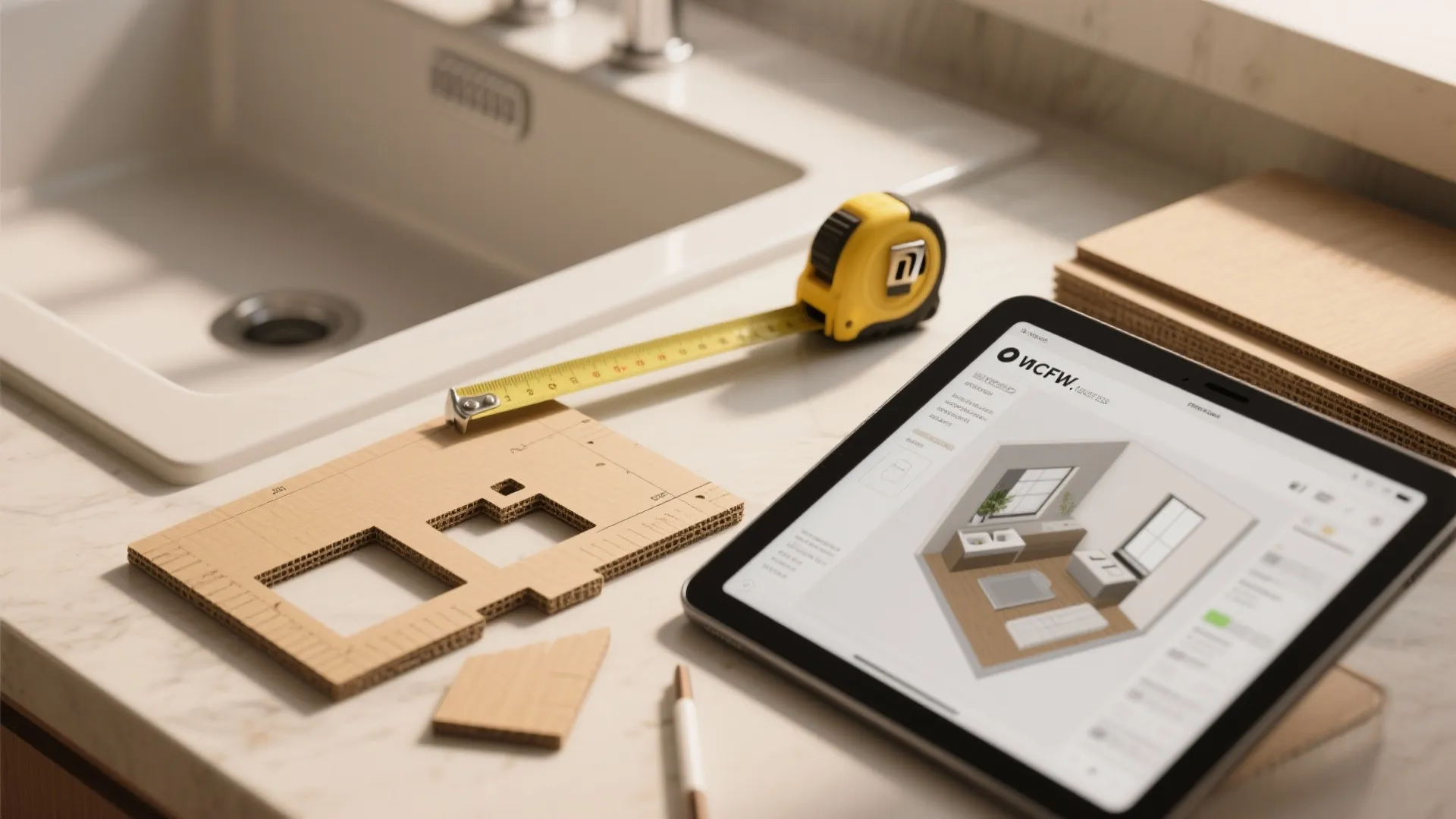 Cardboard and plywood mock-up with measuring tools and a tablet showing a 3D planner for sink layout testing.