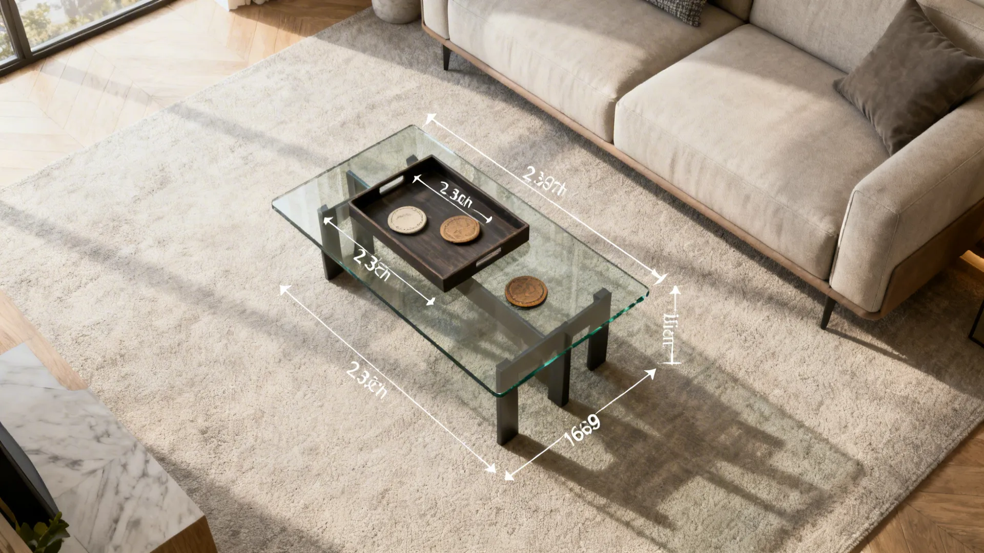 Top-down living room mockup showing glass coffee table placement and height guidelines