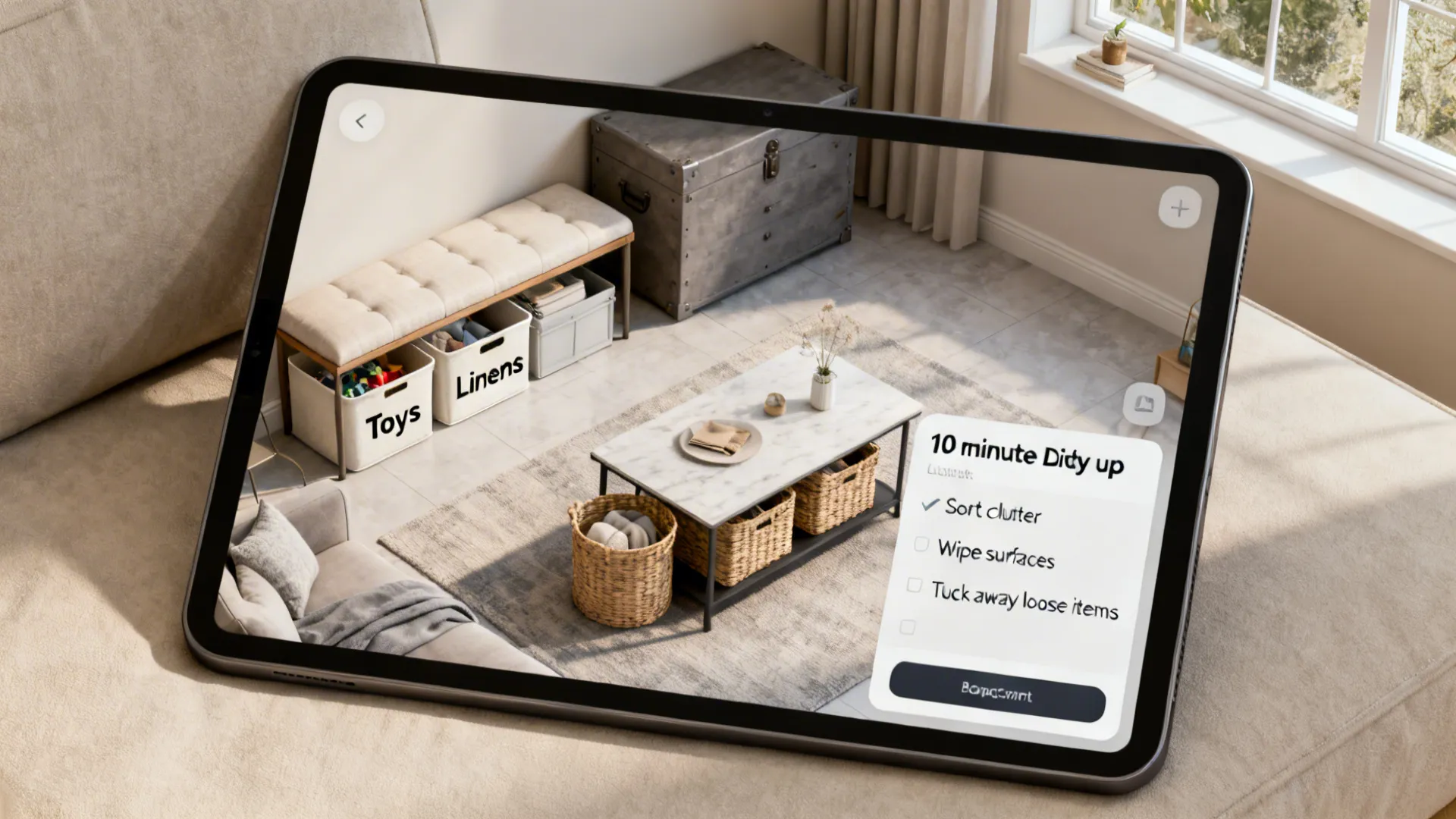 Tablet screen showing a living room layout with organized storage bins and a cleaning checklist