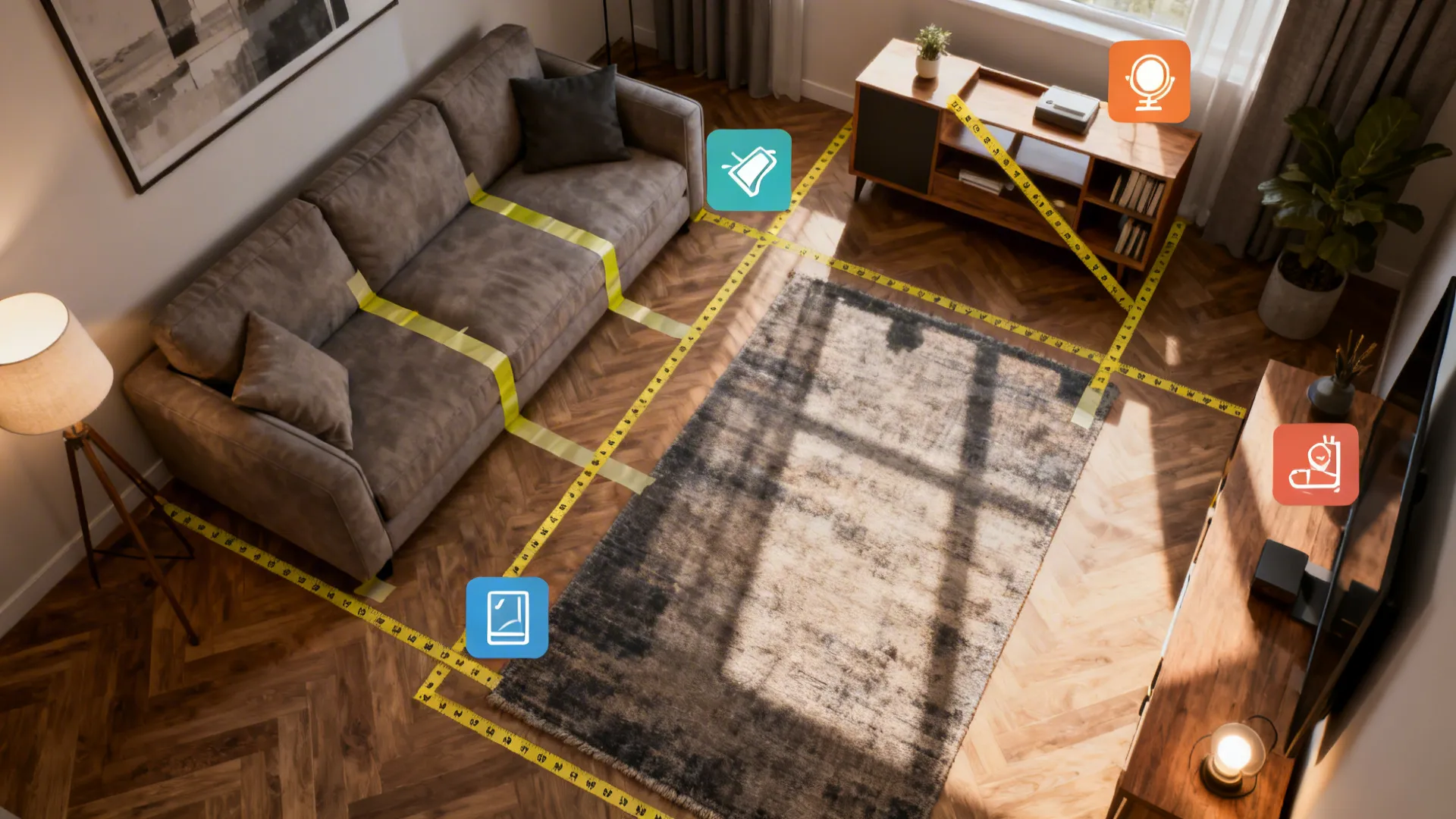 Top-down mockup of a small living room showing tape-marked furniture placement and prioritized budget items.