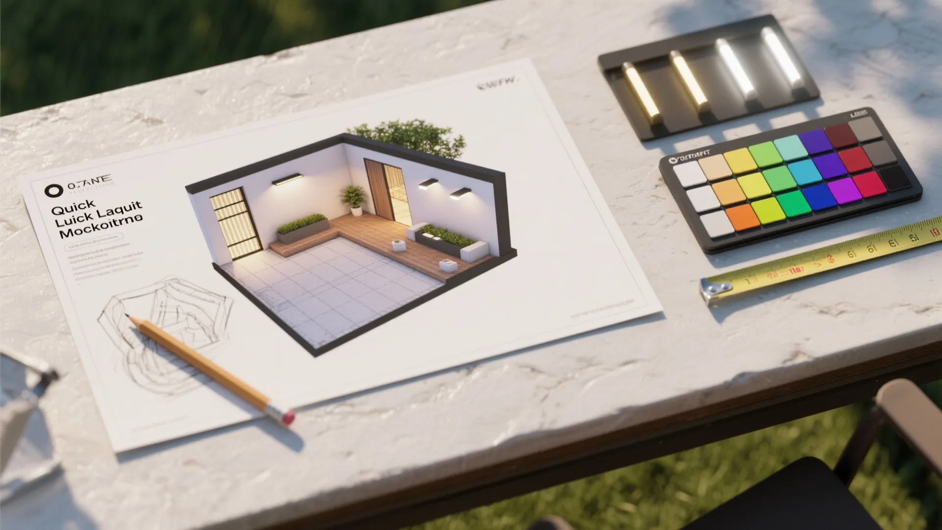 Flatlay of a 3D floor planner printout, sketch, fixture swatches and color chips used for small outdoor lighting mockups.