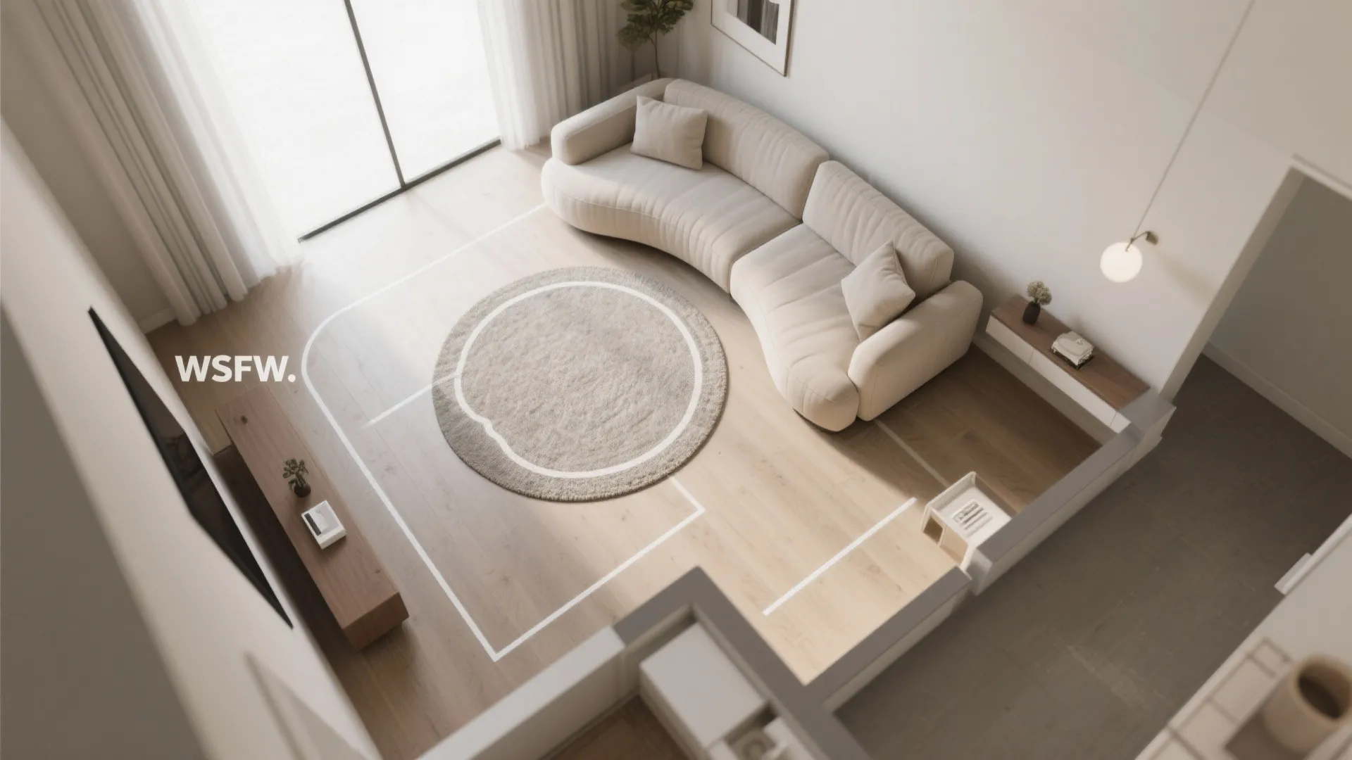 Top-down 3D mockup of a small living room showing the curved sofa footprint, round rug and circulation paths.