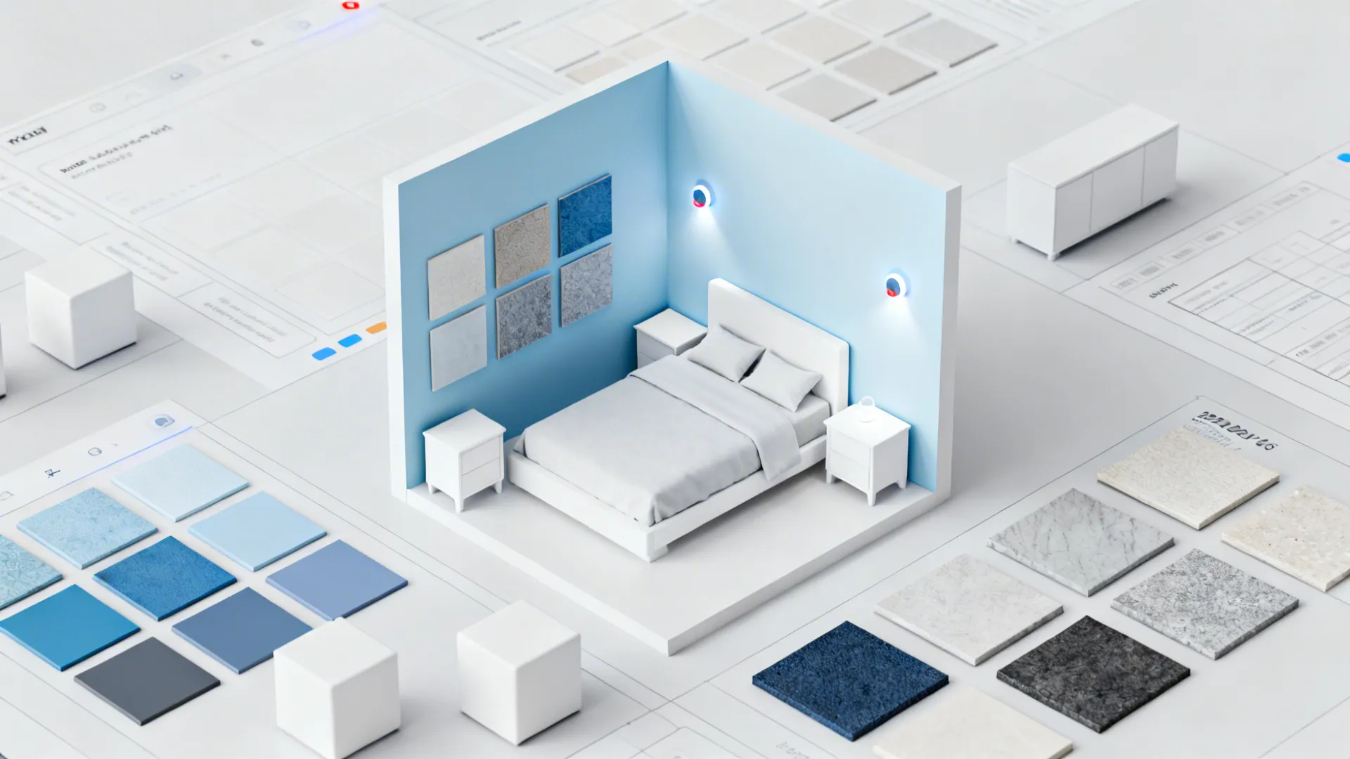 Top-down digital room planner mockup showing light blue samples and furniture layout.
