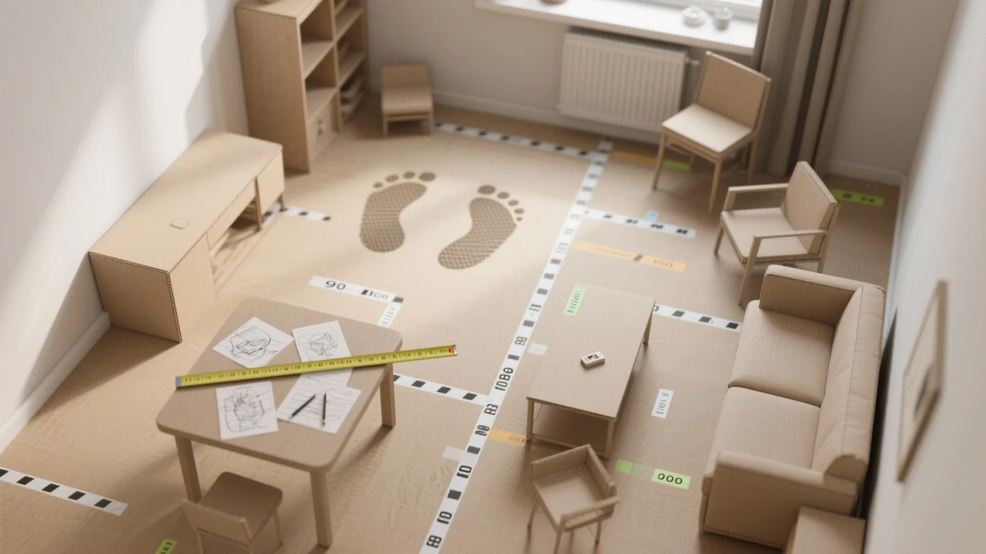 Cardboard room layout mockup with sofa and table and chairs and measuring tape on floor