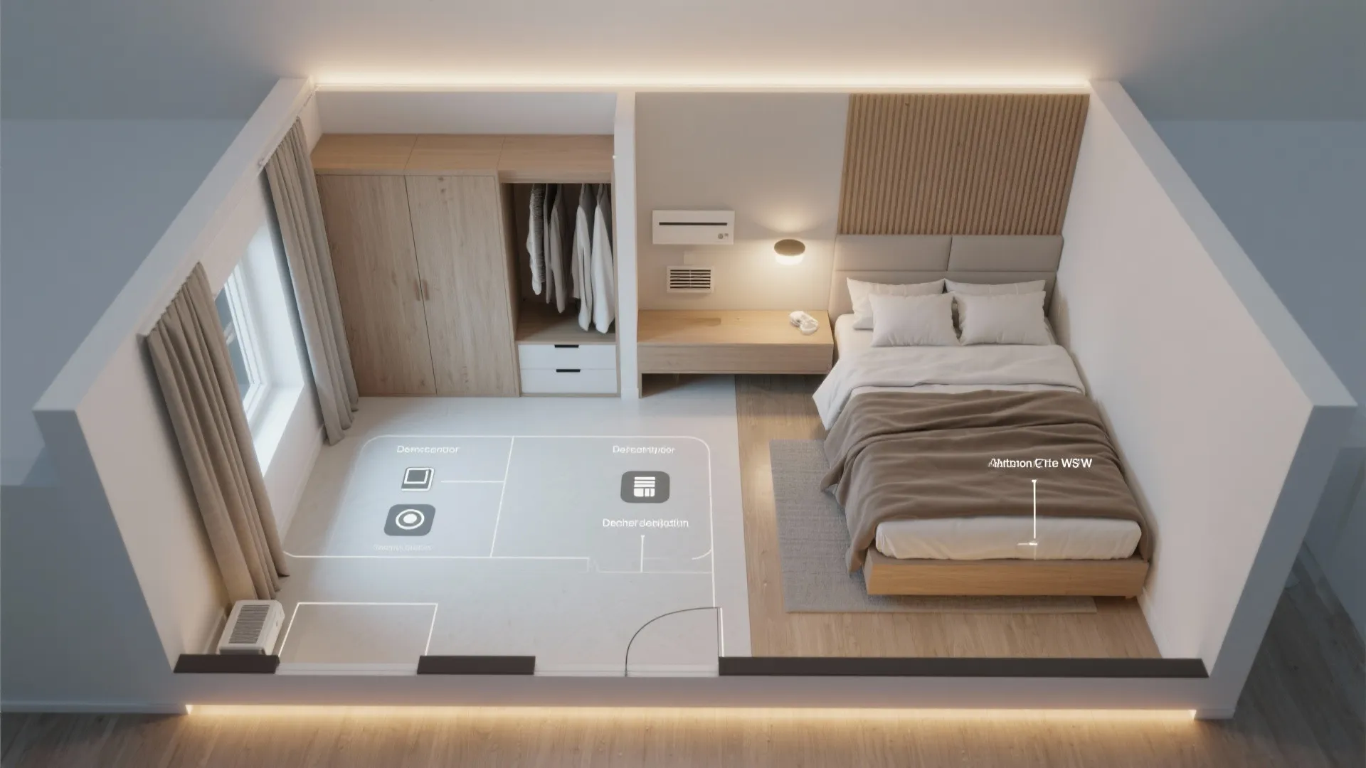 Interior design drawing showing top down view of bedroom layout with bed wardrobe and window