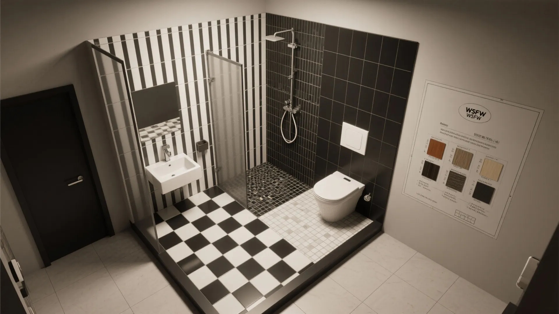 Interior design drawing of a modern bathroom with shower area toilet sink and tile options