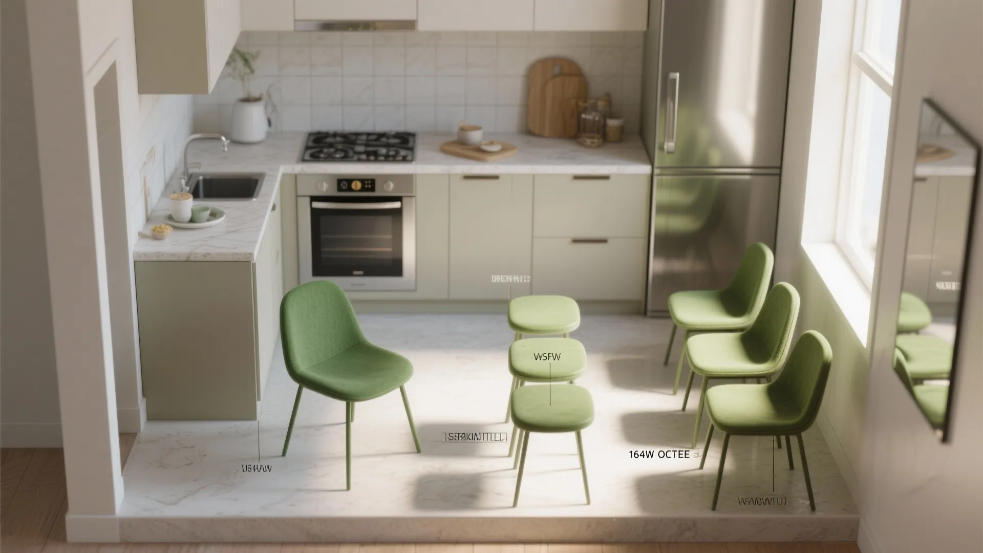 Top-down mockup showing chair placement options in a tiny kitchen to test one standout chair versus multiple chairs