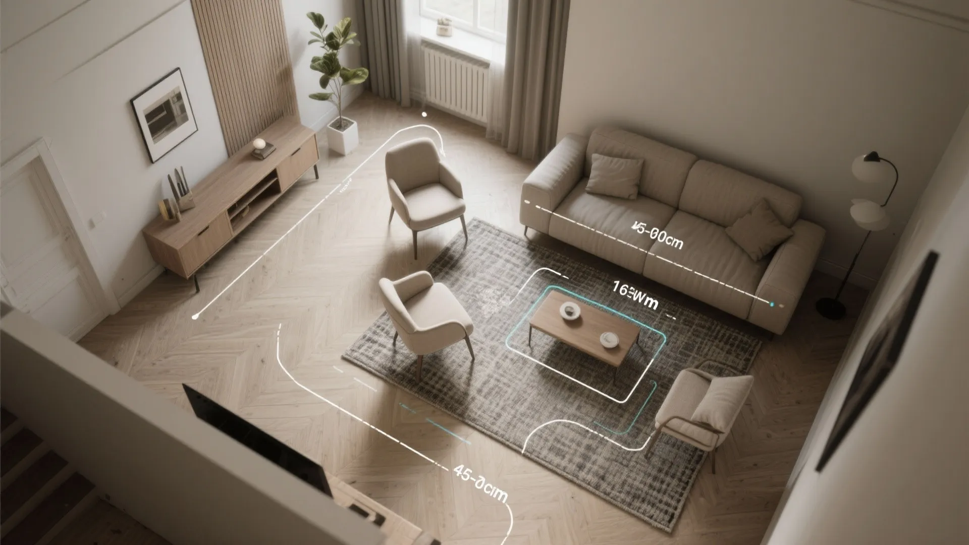 Top-down floor layout mockup showing floated three-piece set and circulation paths.