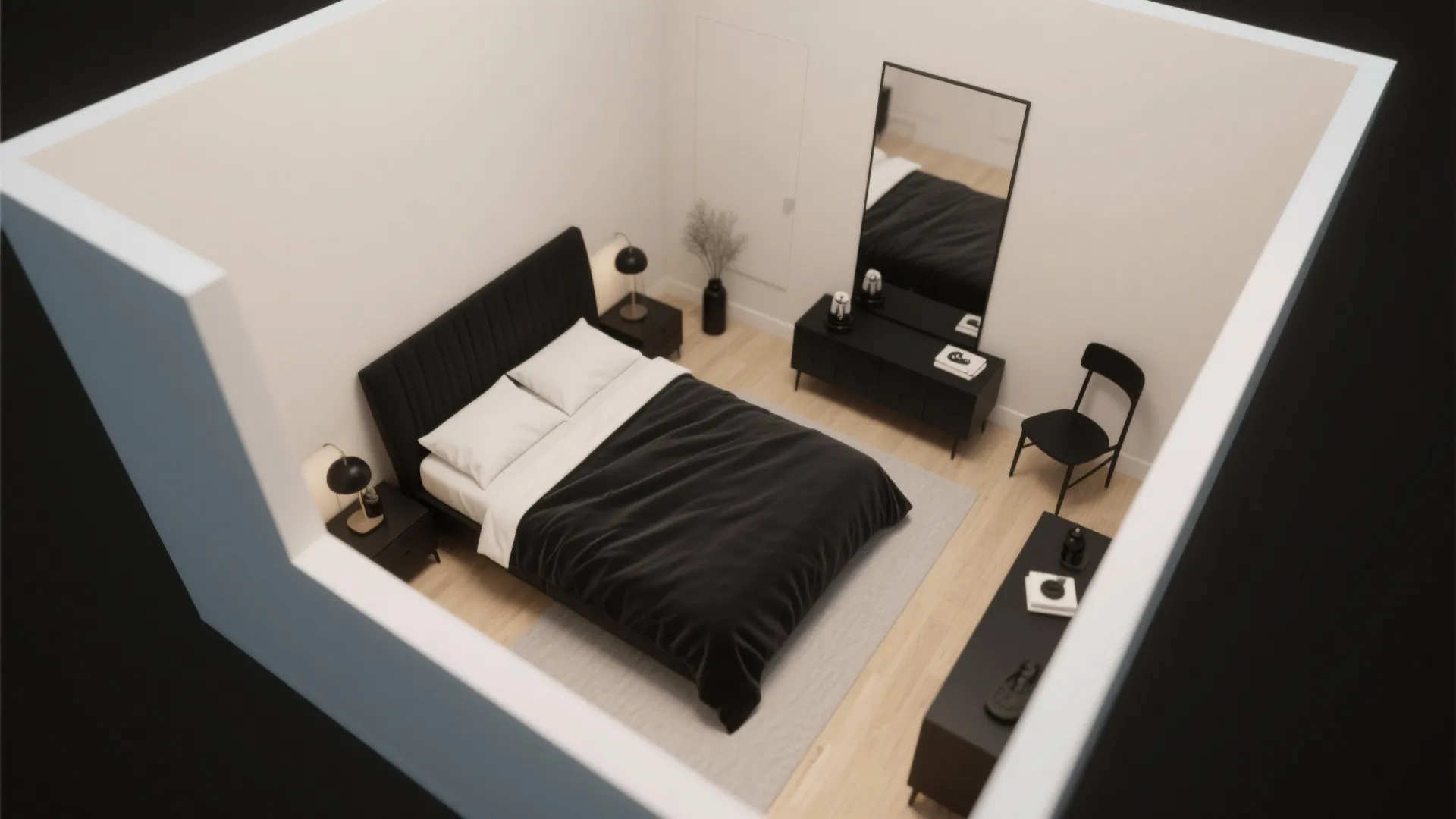 Top down interior design drawing of a modern bedroom with black furniture and light wooden