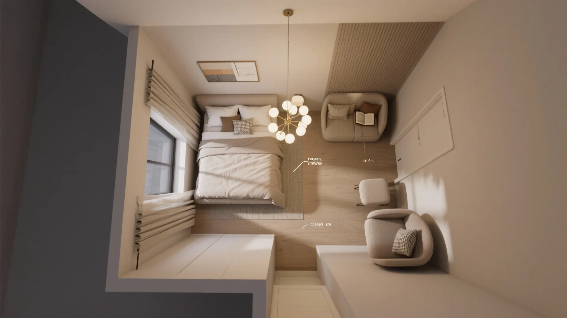 Top-down bedroom mockup showing chandelier placement and sightlines for small spaces