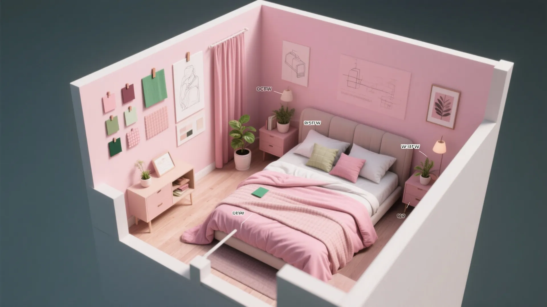 Top down interior design drawing of pink bedroom with bed cabinet wall light and wooden floor