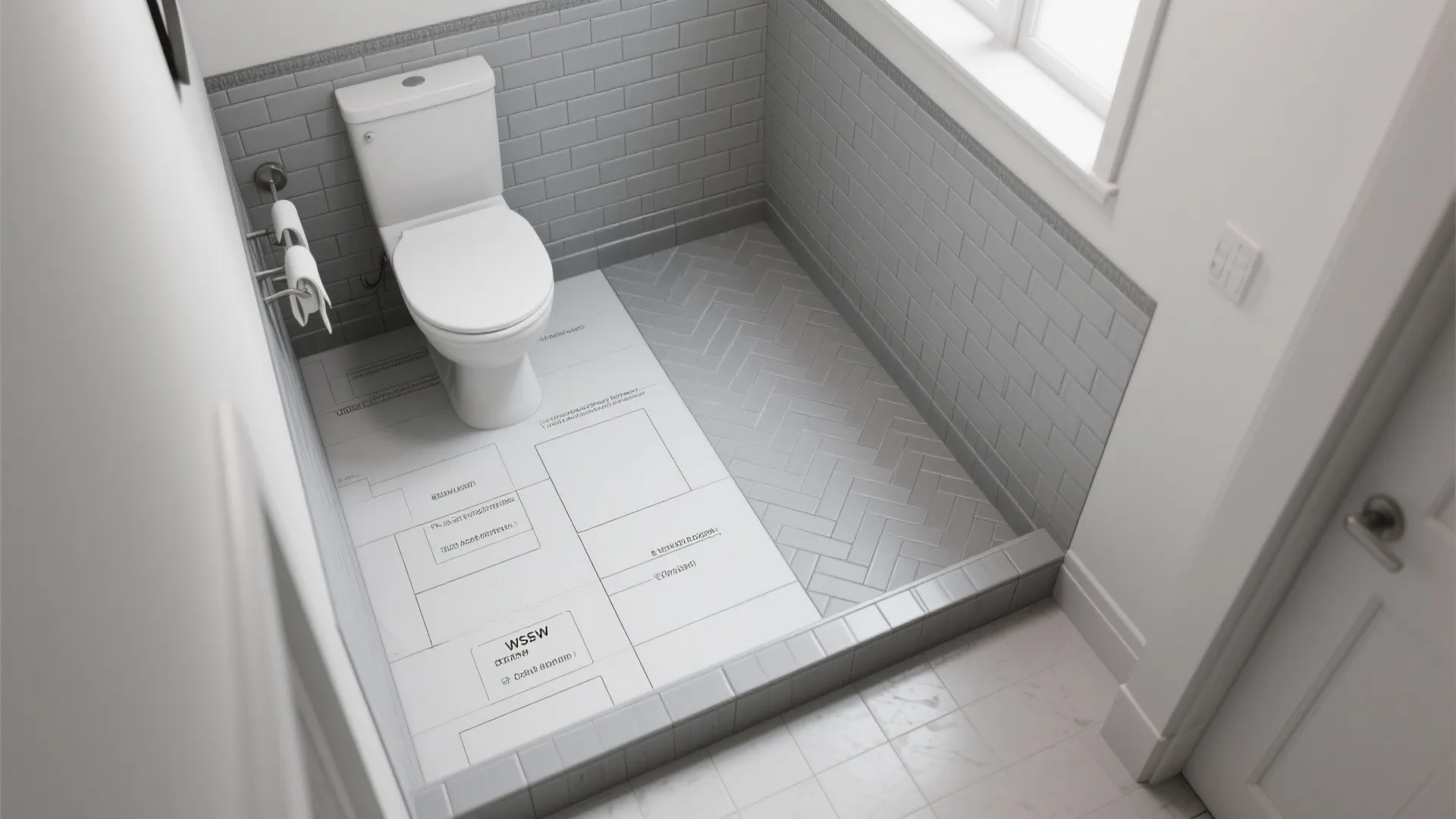 Top-down mockup of tile layout options for a small bathroom including chair-rail and full-height schemes