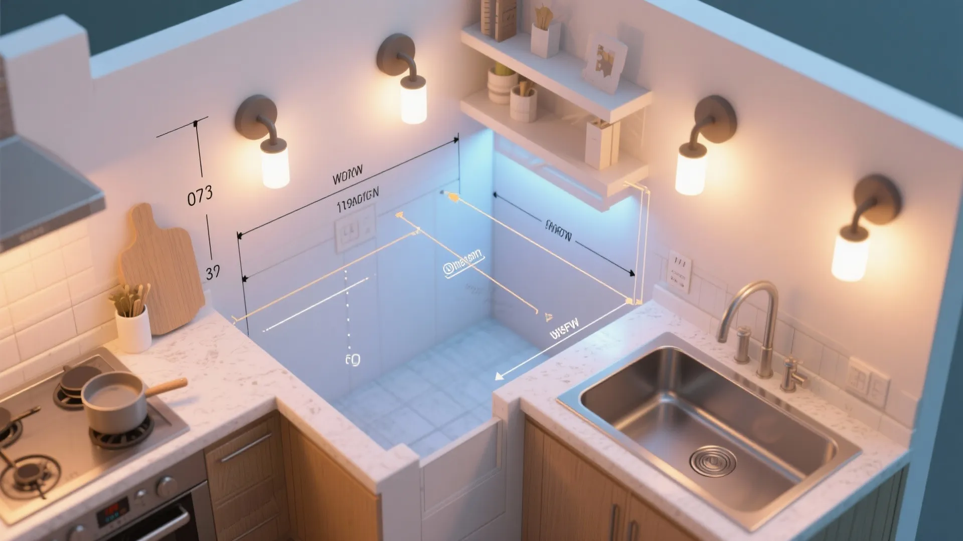 Top-down mockup of small kitchen showing alternative wall light placements and sightlines