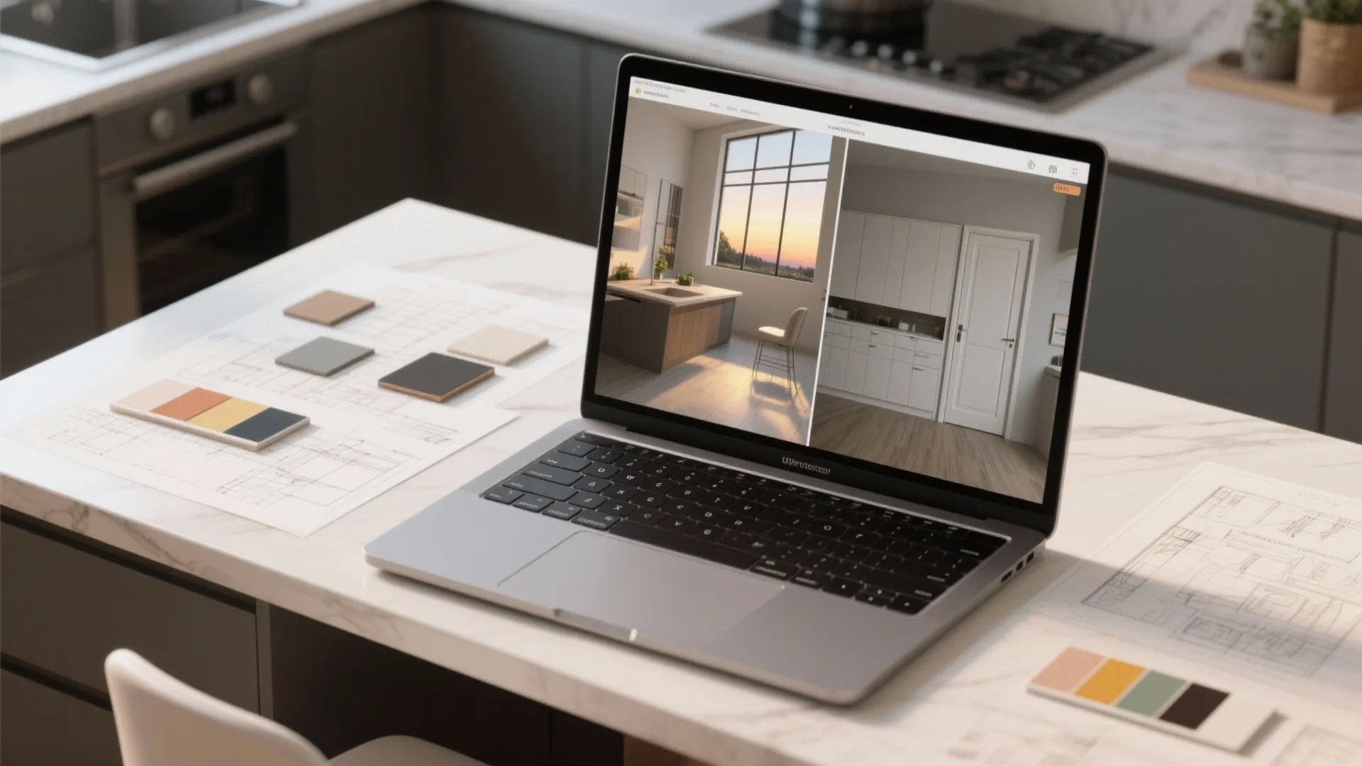 Top-down design desk with 3D kitchen renders, paint swatches and cabinet samples.