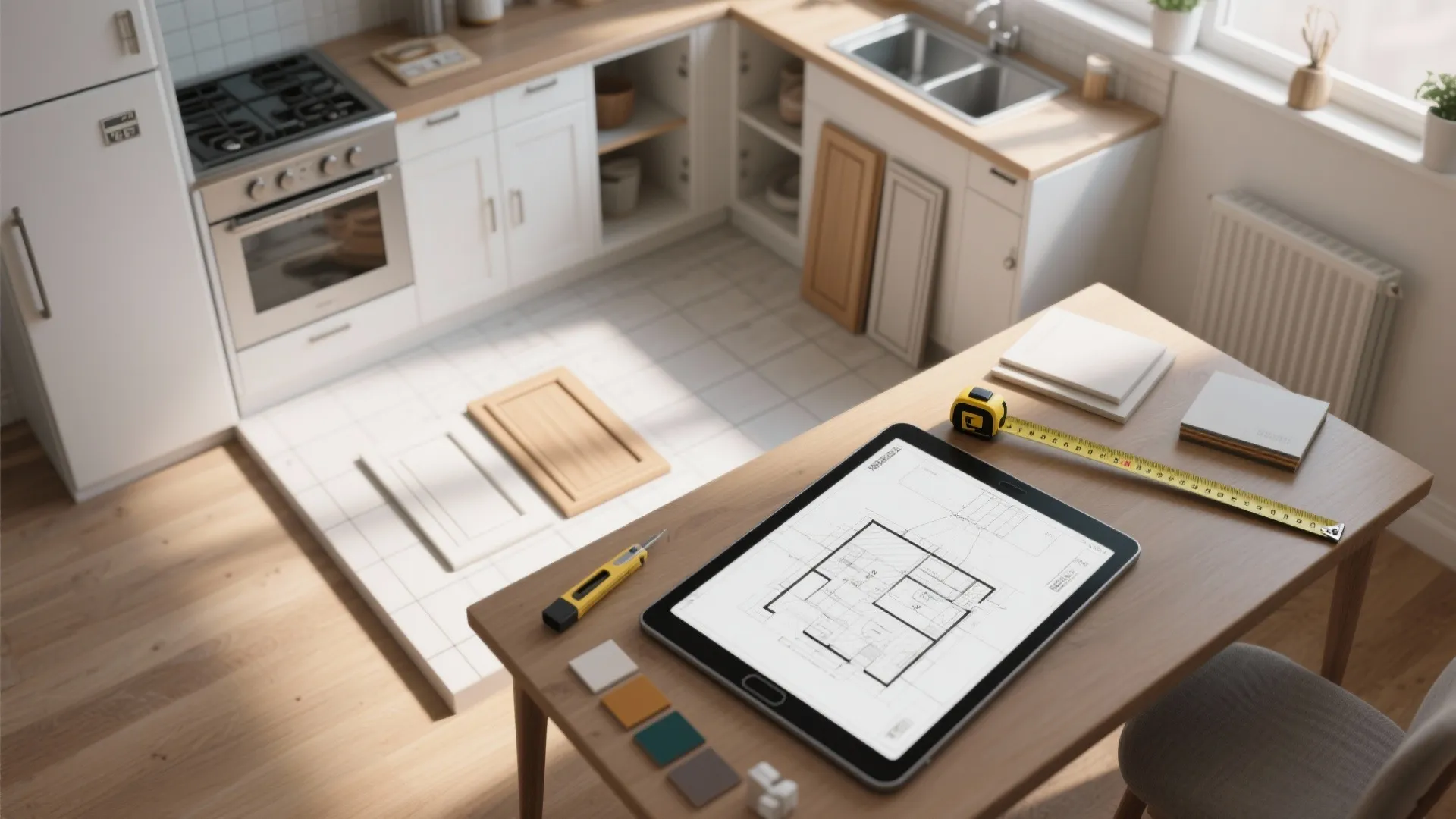 Top-down view of kitchen mock-up with tablet 3D planner, door samples and swatches