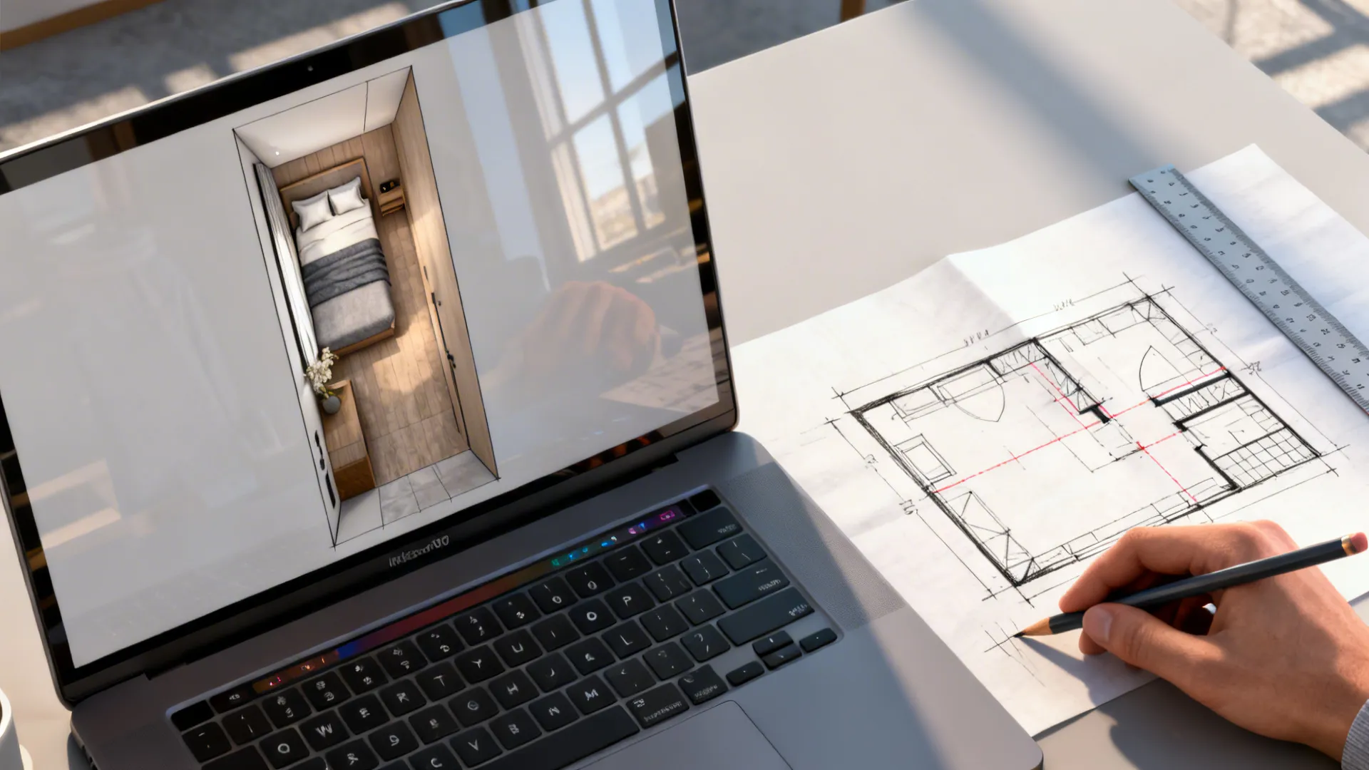 Top-down view of a laptop showing a 3D mockup and hand sketches for a guest room layout