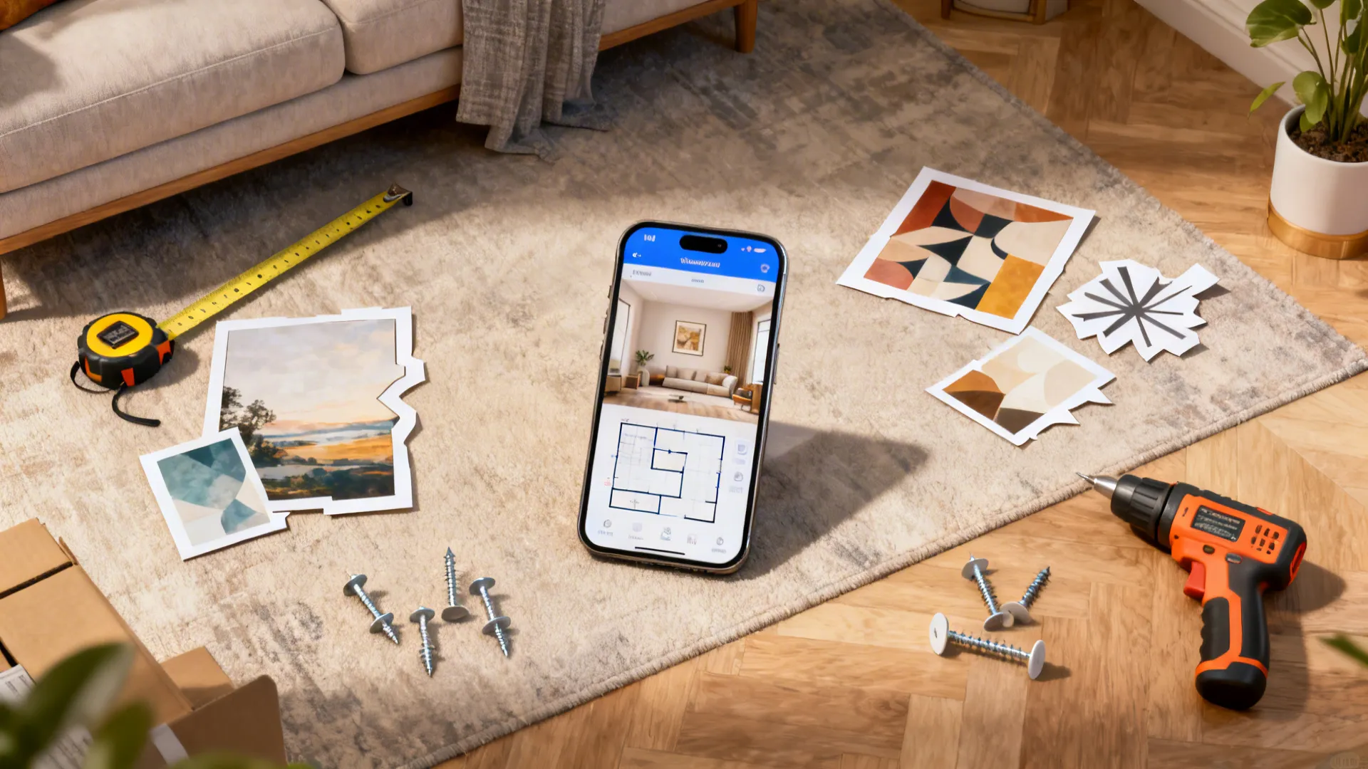 Top-down mockup with paper cutouts, tape measure, stud finder and phone showing a room planner app for wall art placement.