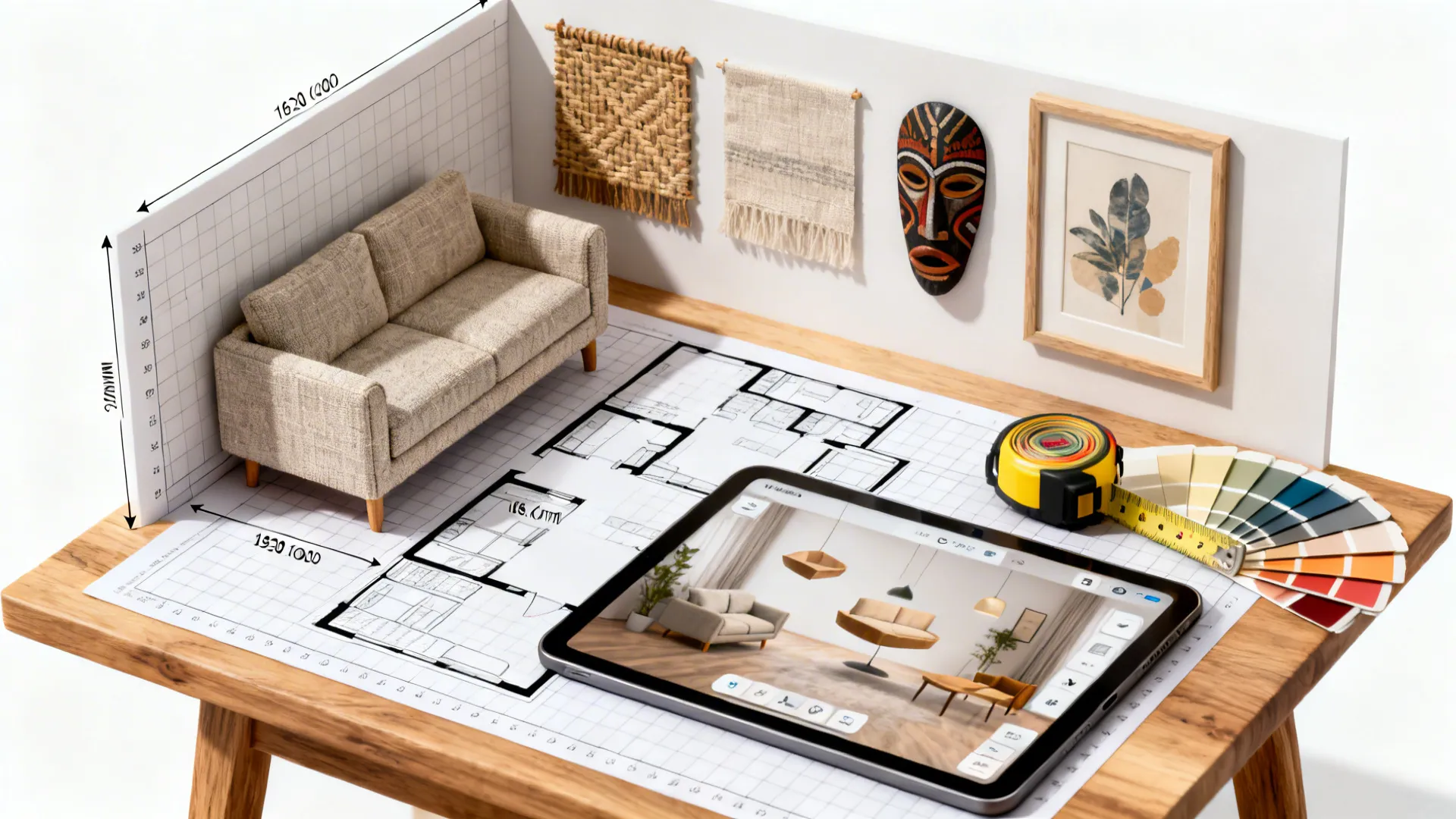 Top-down mockup of a small living room layout with art samples, measurement tools and a tablet room planner.