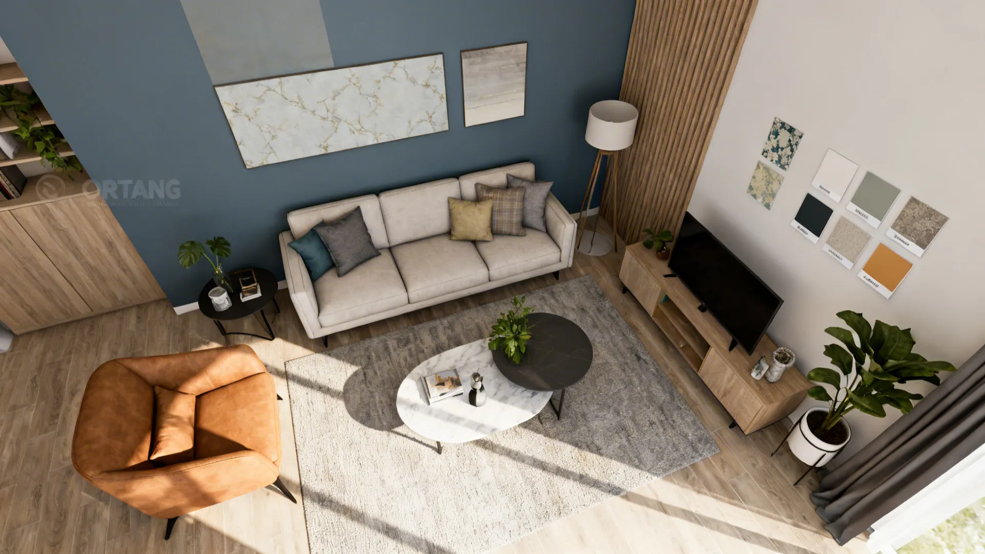Top-down mockup showing furniture placement and accent wall options in a small living room