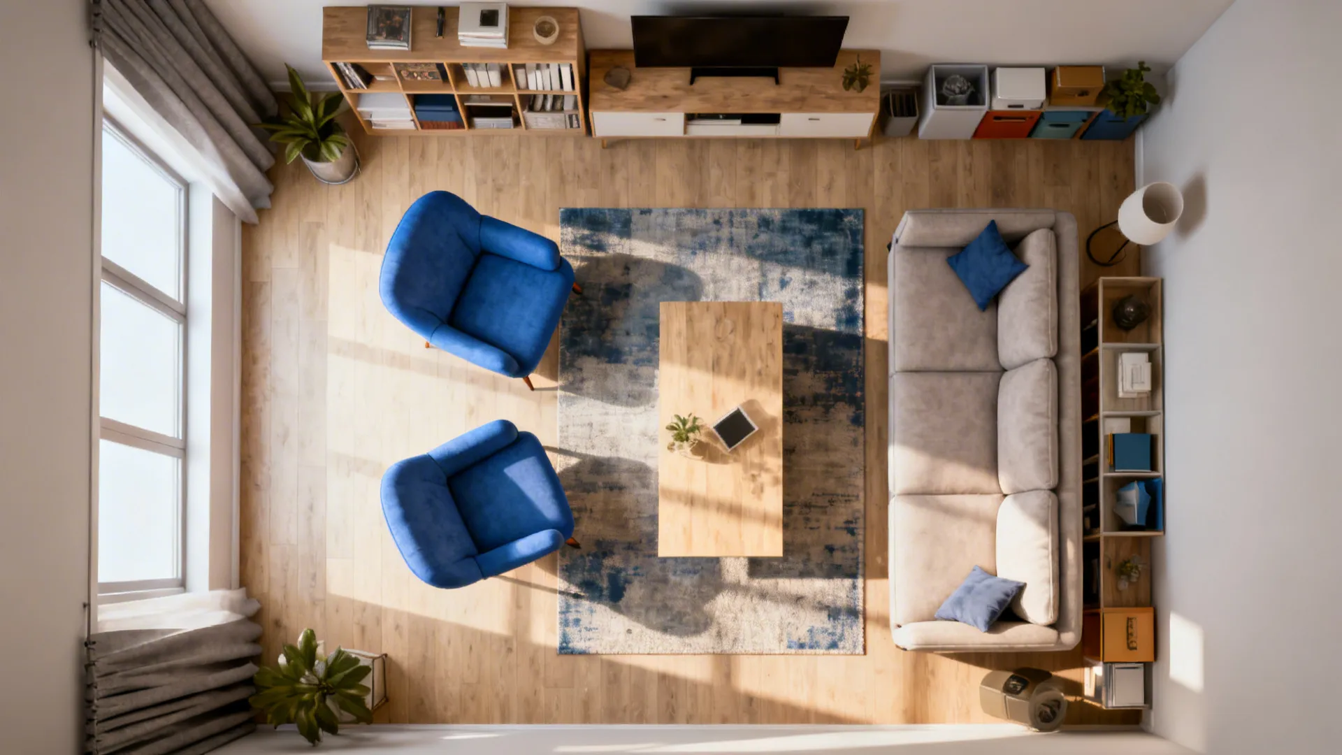 Top-down 3D mockup of small living room showing placement options for blue accent chairs