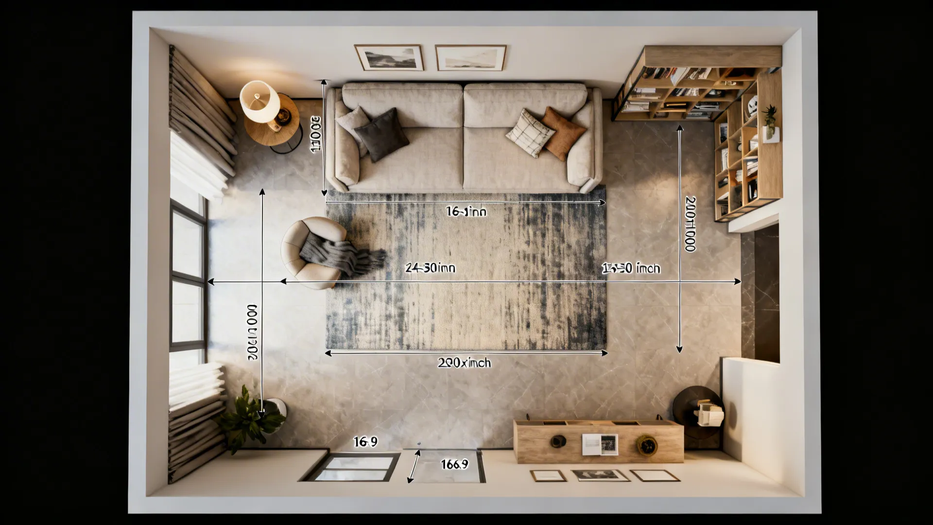 Top-down mockup of small living room layout options with circulation paths and scaled furniture