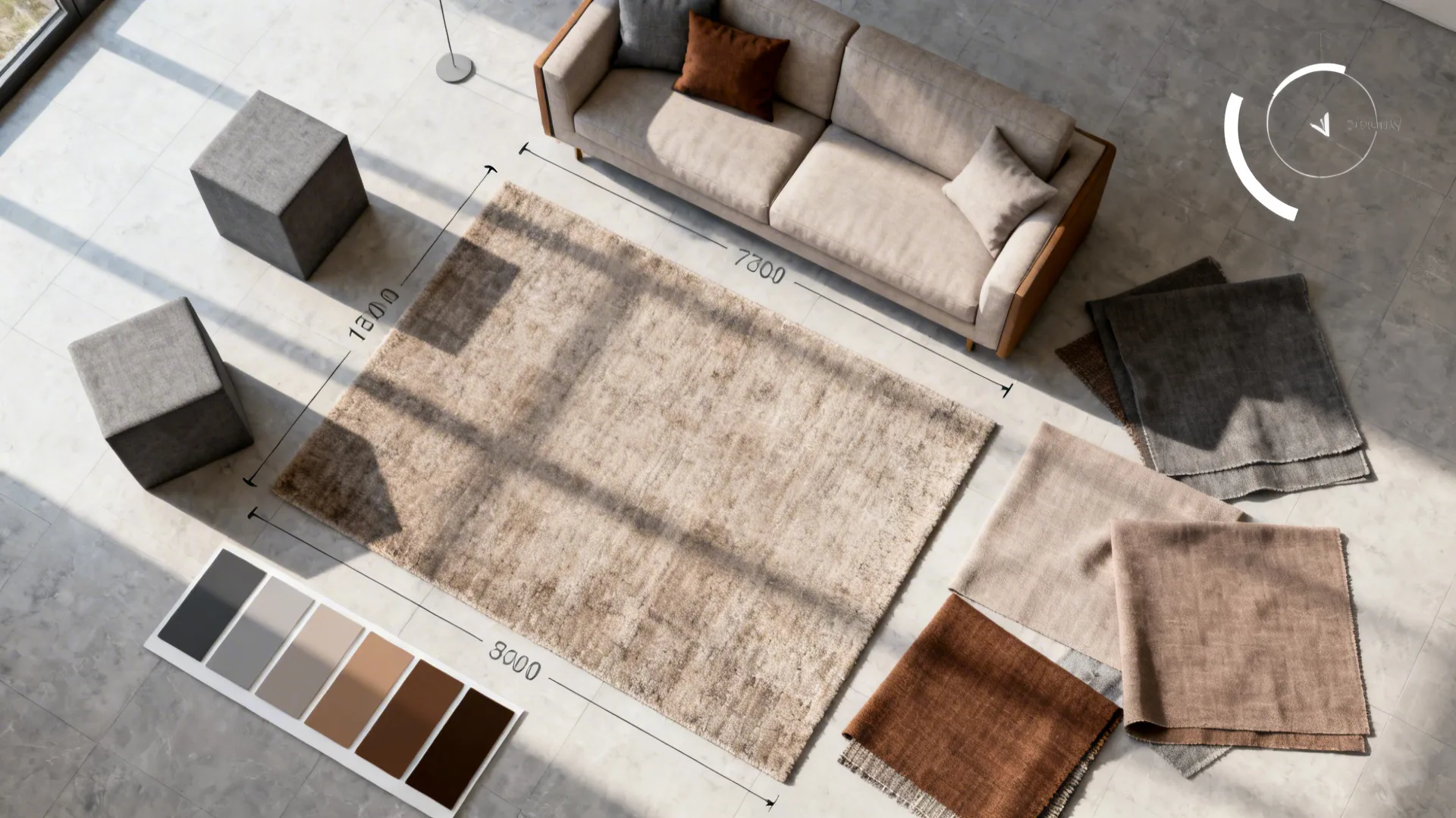 Top-down floor plan mockup showing sofa placement, rug scale and fabric swatches for small-room planning.