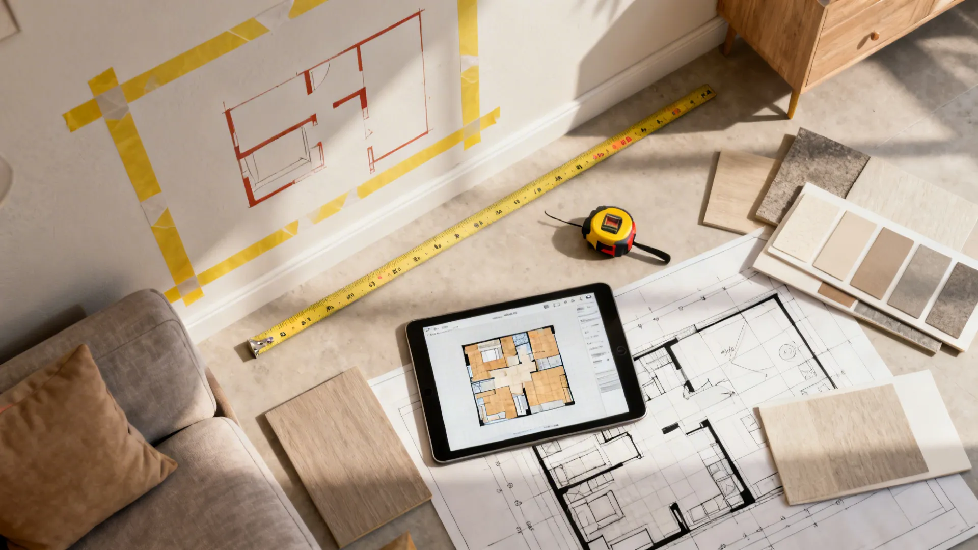 Top-down layout mockup with painter's tape outlines, measuring tools and a tablet 3D planner for scale testing.