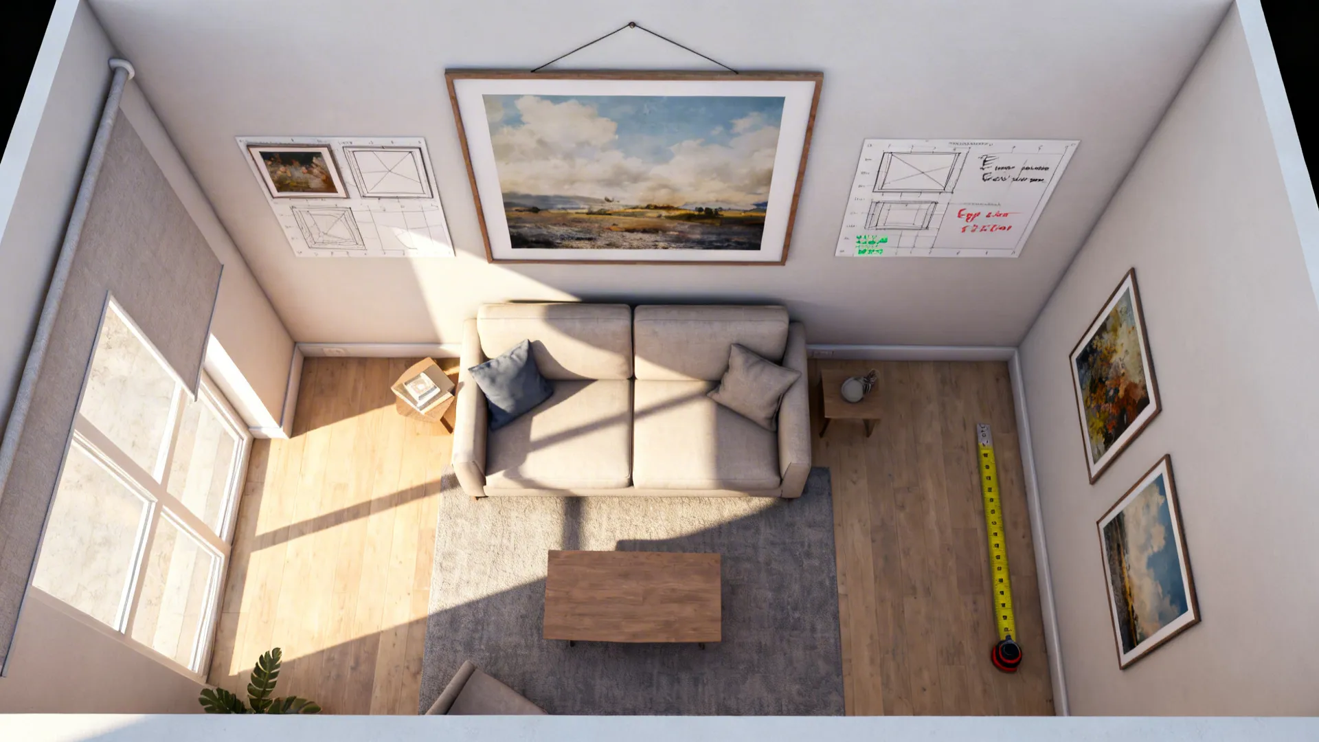 Top down view of living room with beige sofa coffee table rug wall art and sunlight
