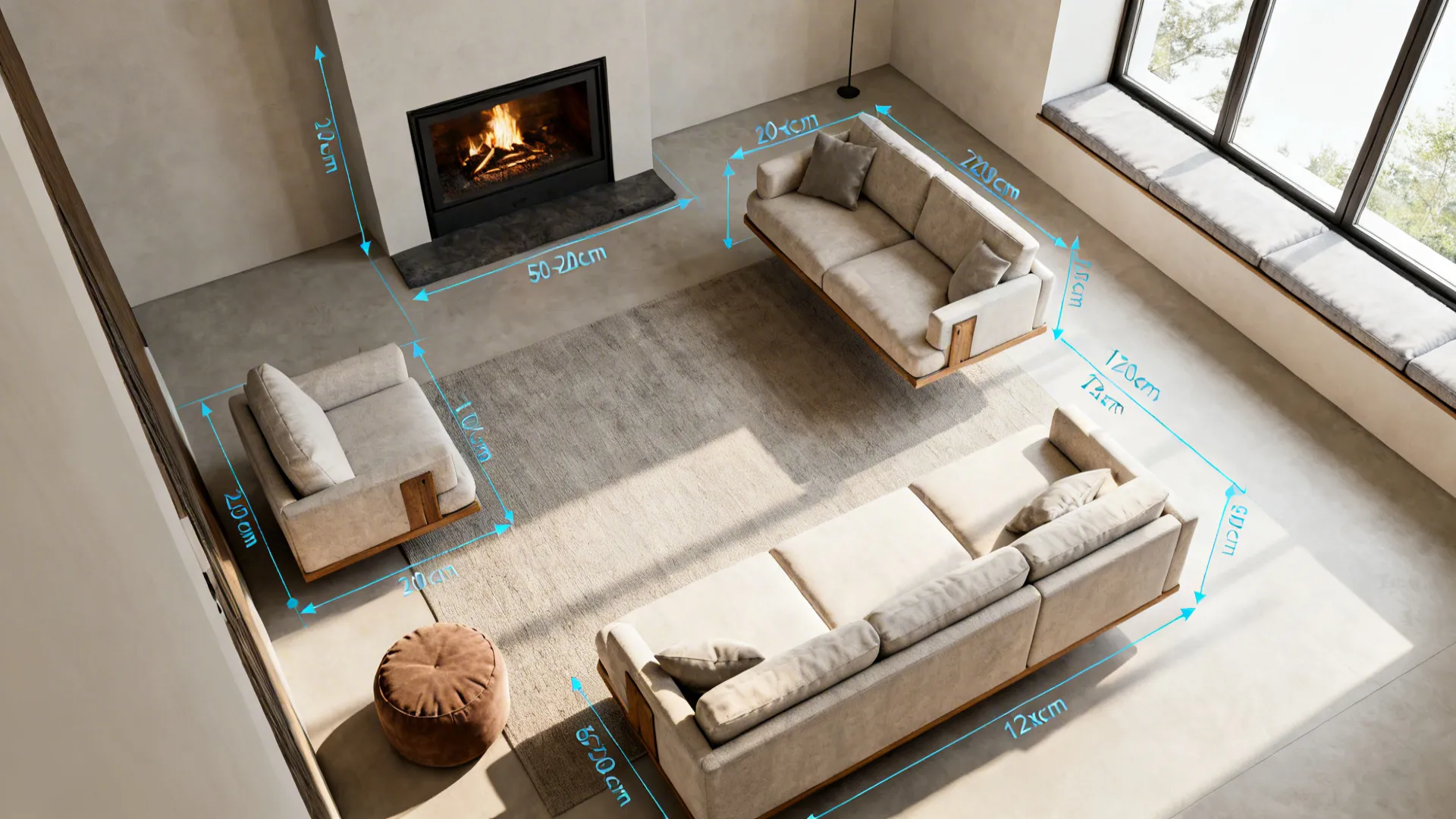 Modern living room layout showing three beige sofas around a fireplace with blue dimension line markings