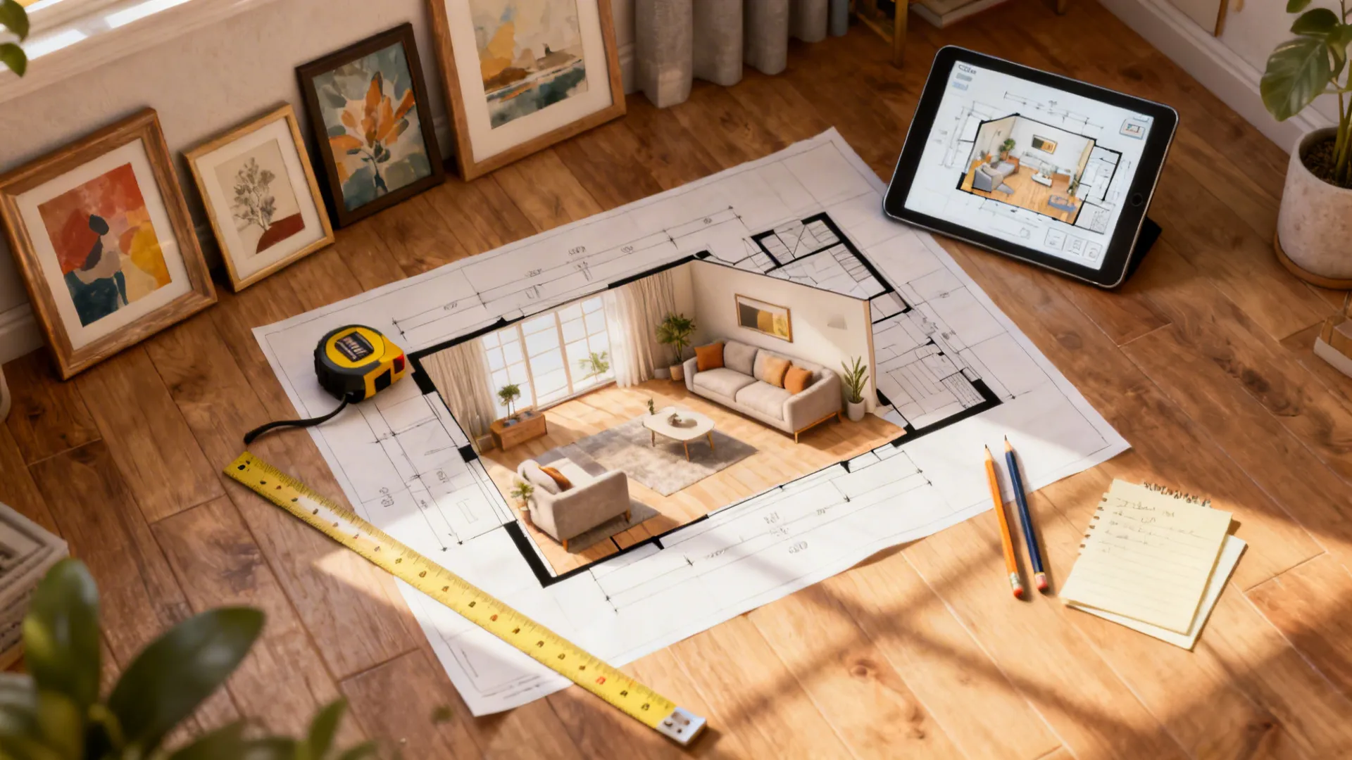 Top-down mockup of gallery layout on the floor with measuring tape and a digital planner.