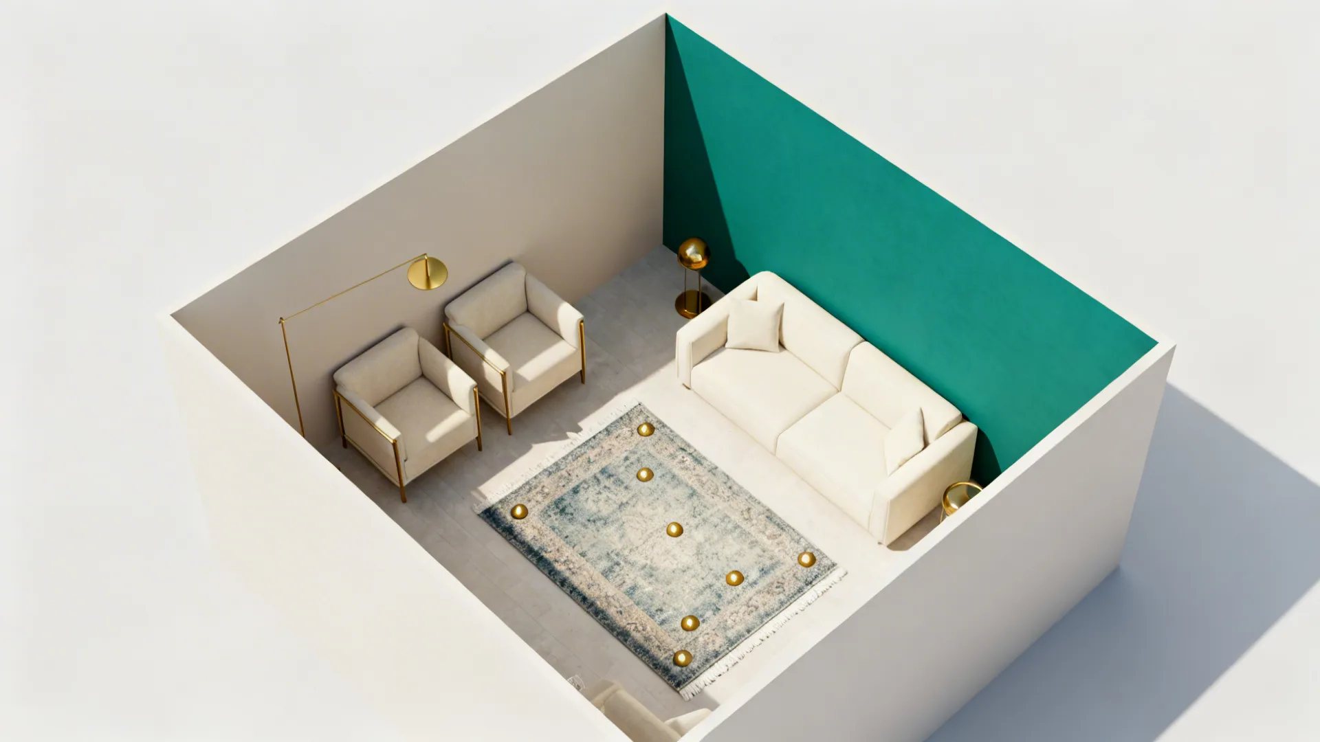 Top-down room mockup showing emerald accent wall, furniture placement and gold accent points for scale and balance.