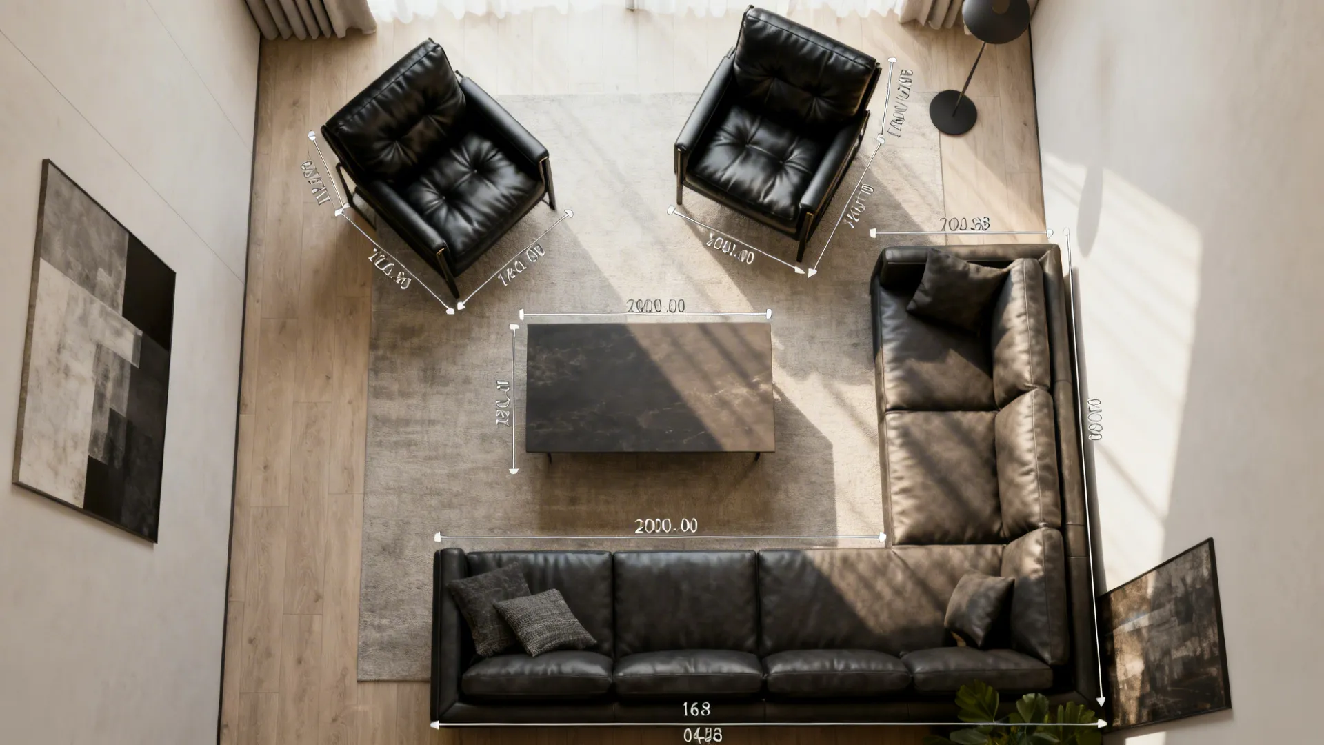 Top-down 3D mockup showing seating layout and clearances for black leather chairs in a small living room