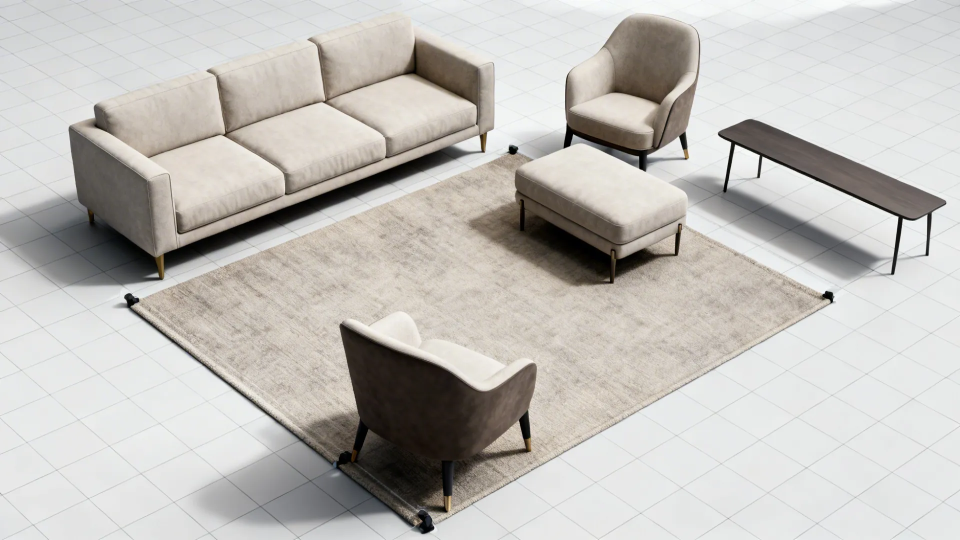 Top-down layout mockup showing furniture and circulation paths without a coffee table.
