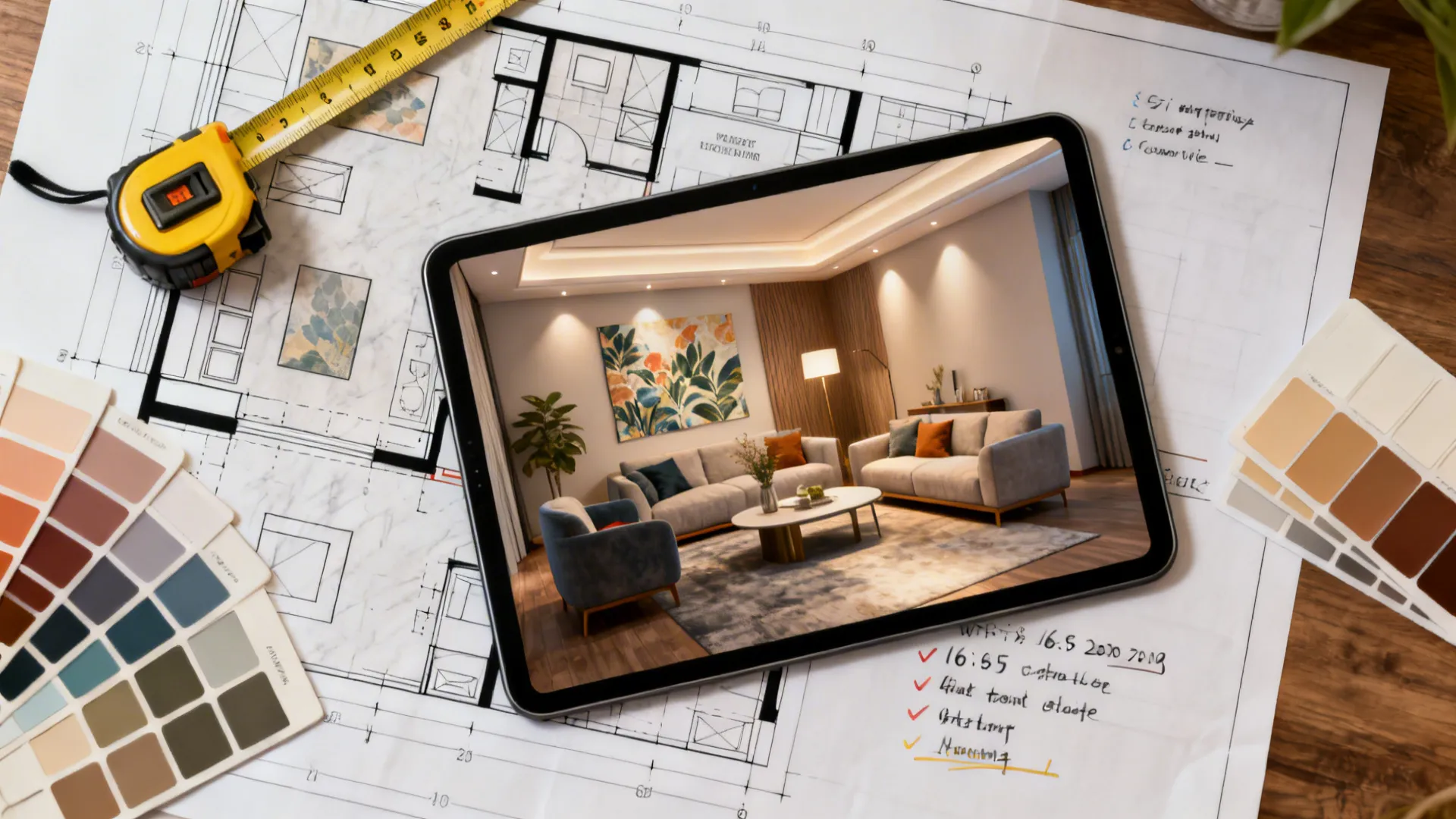 Top-down view of a living room mockup and floor plan showing mural placement and measurements.