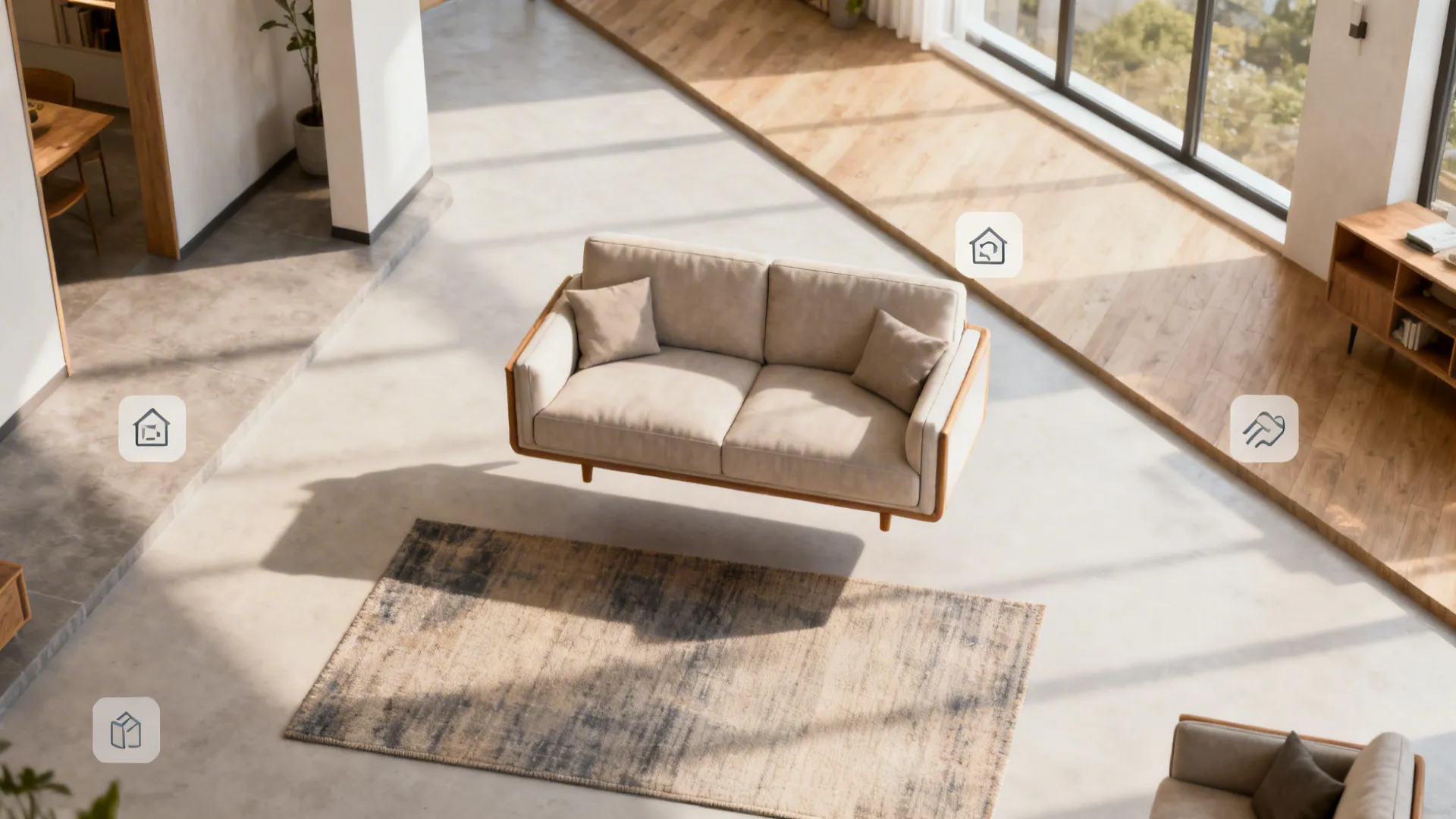 Top-down mockup of small living room furniture arrangements and rug placement.