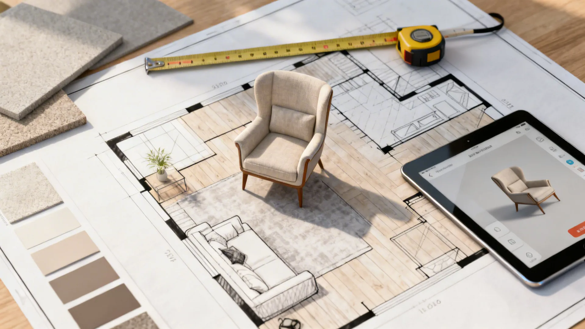 Top view of room layout drawing with chair model measuring tape tablet and design materials