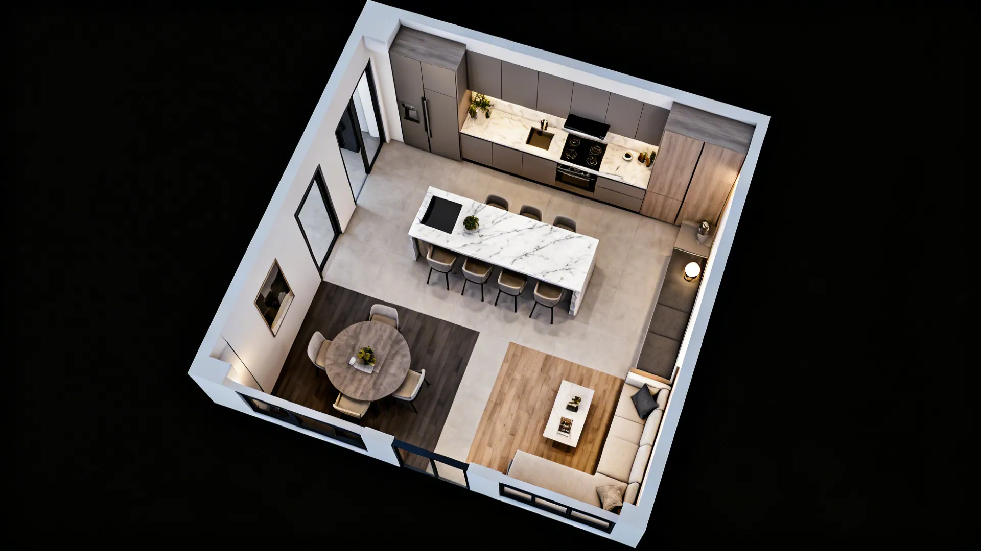 Top-down mockup layout of a small open-plan apartment illustrating circulation and zoning.