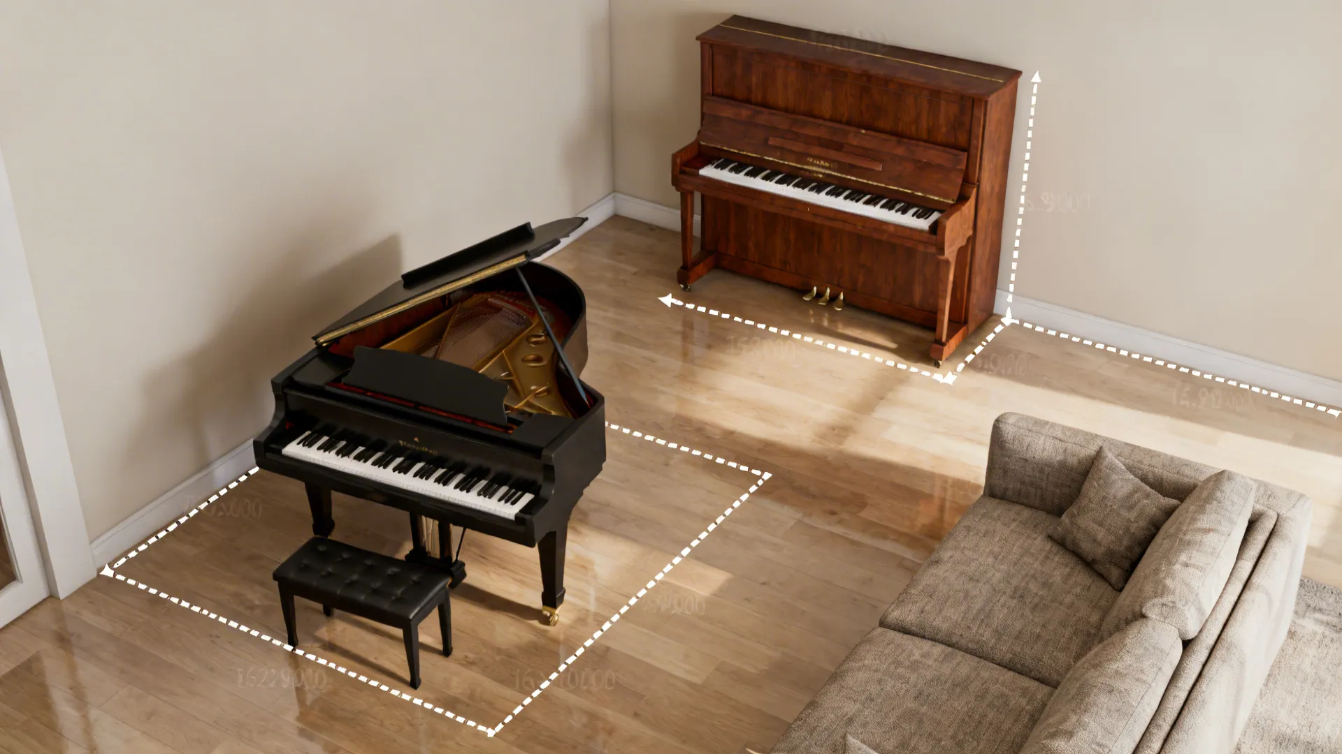Top-down room planner mockup showing taped outlines and clearance measurements for piano placement.