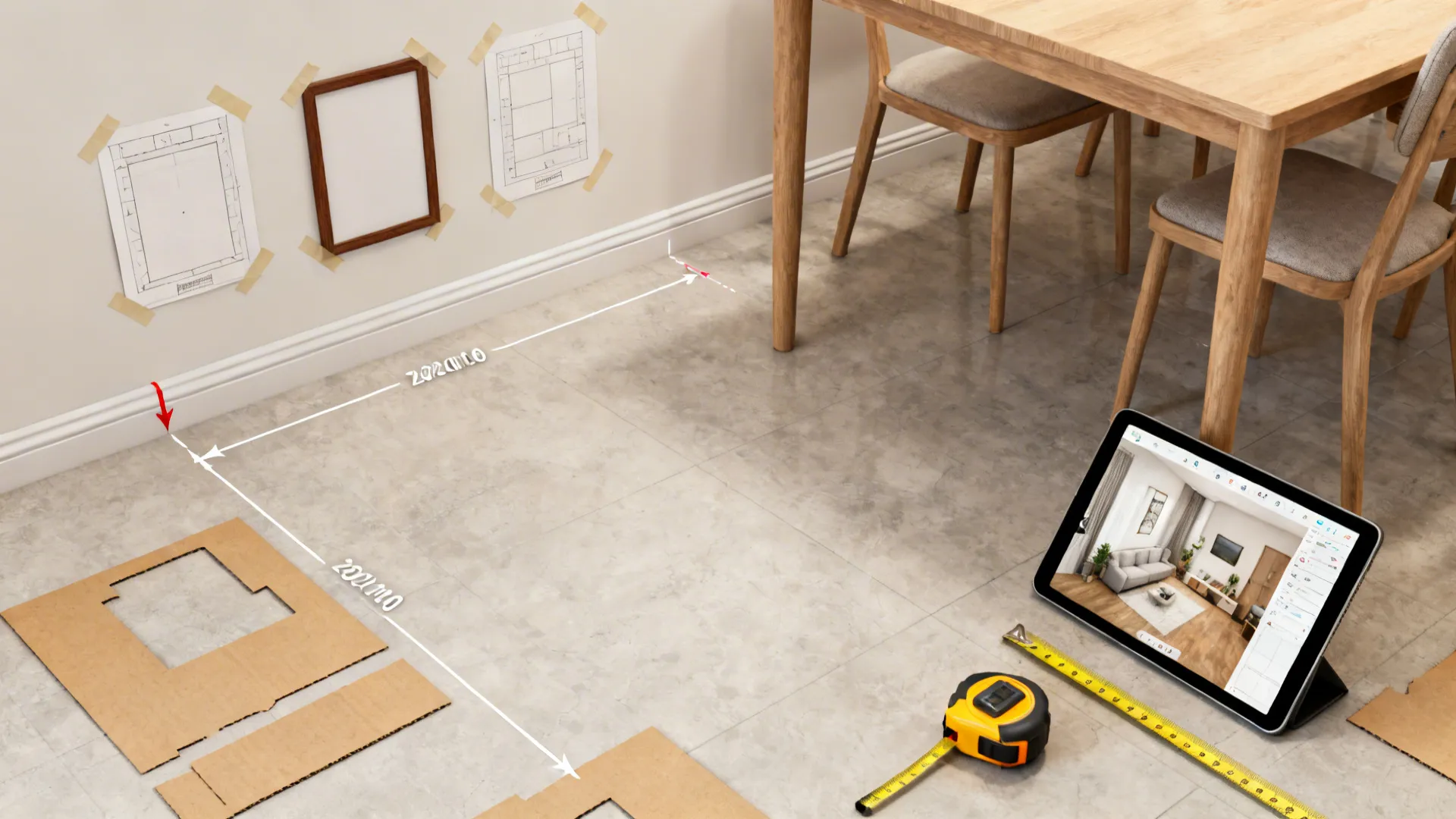 Top-down view of dining table with kraft paper frame mockups and a tablet showing a 3D planner.