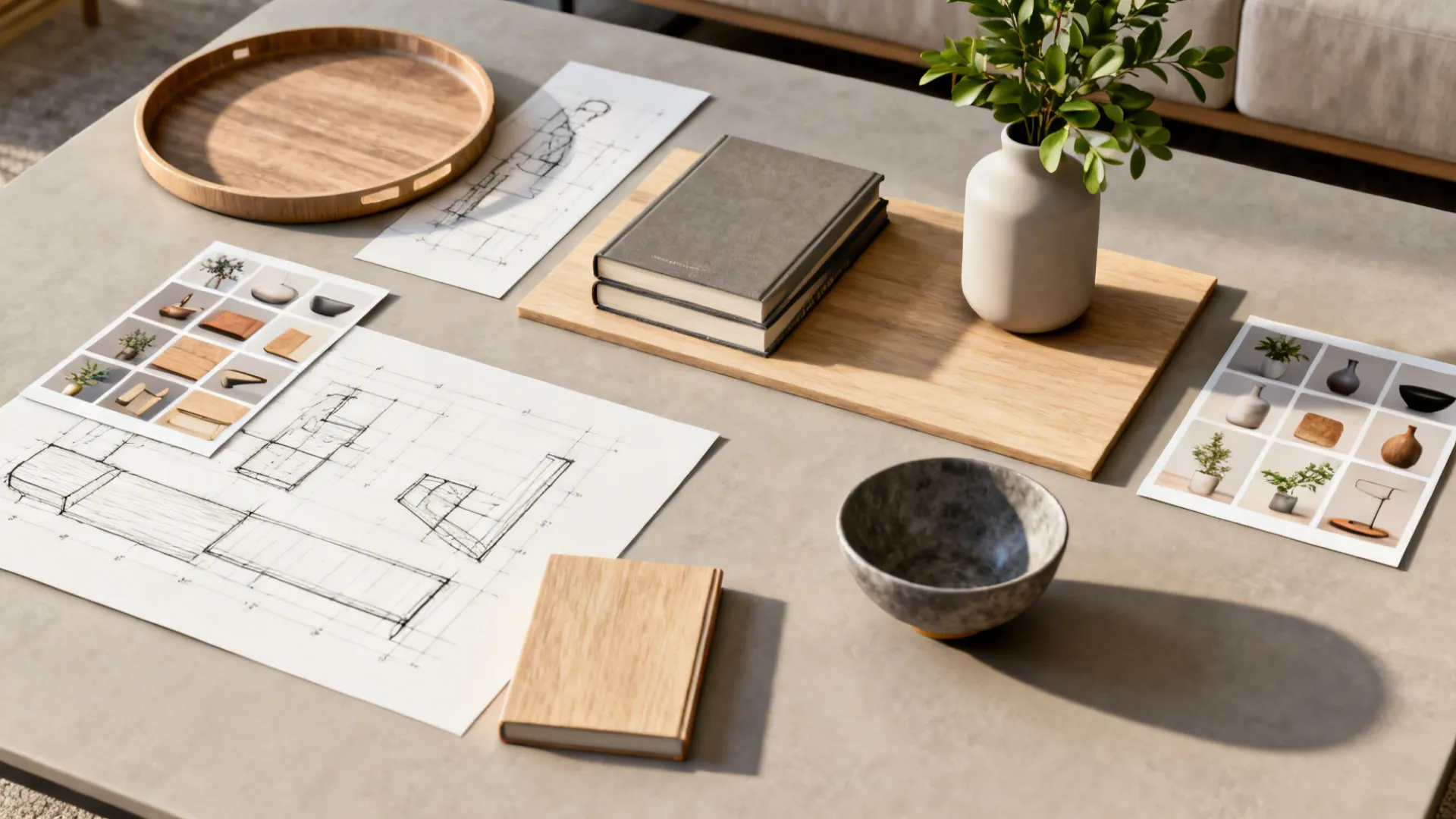 Top-down mockup of coffee table layouts with sketches and 3D thumbnails