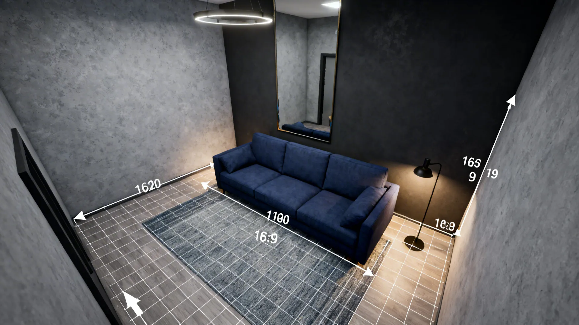Top-down room planner mockup showing navy and grey layout options and mirror placement.