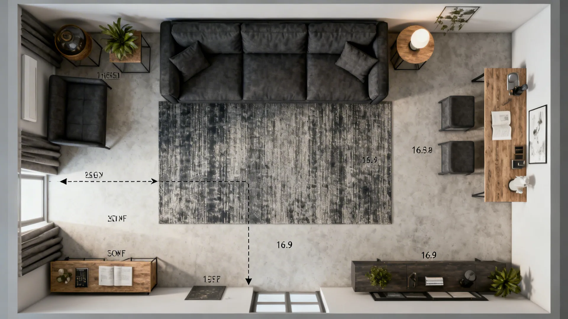 Top down room layout showing dark sofa large rug wooden desk and two black chairs