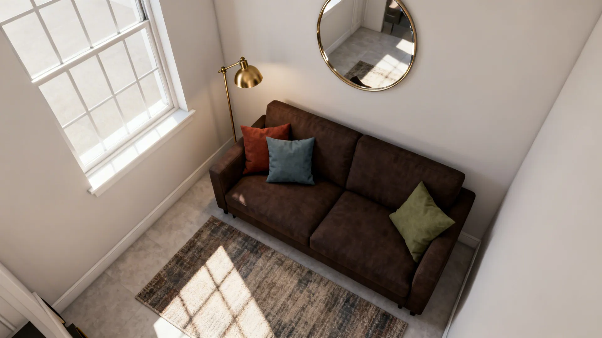 Top-down living room mockup showing sofa placement, rug, cushions, and reflective elements to enhance light.