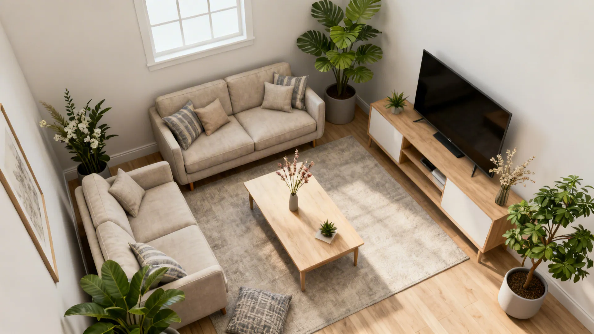 Top-down room planner mockup showing scaled plant placement options and sightlines.