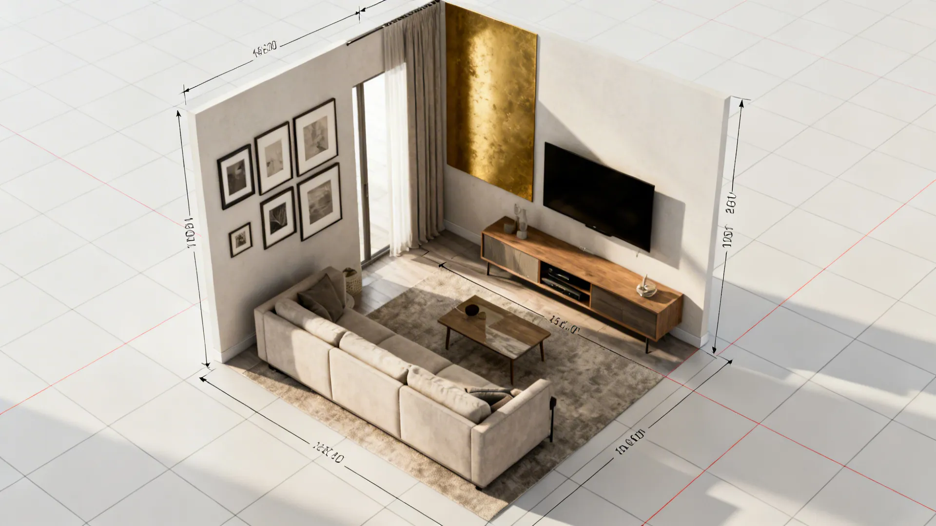 Top-down room planner mockup showing scale and placement of gold accents in a small living room.