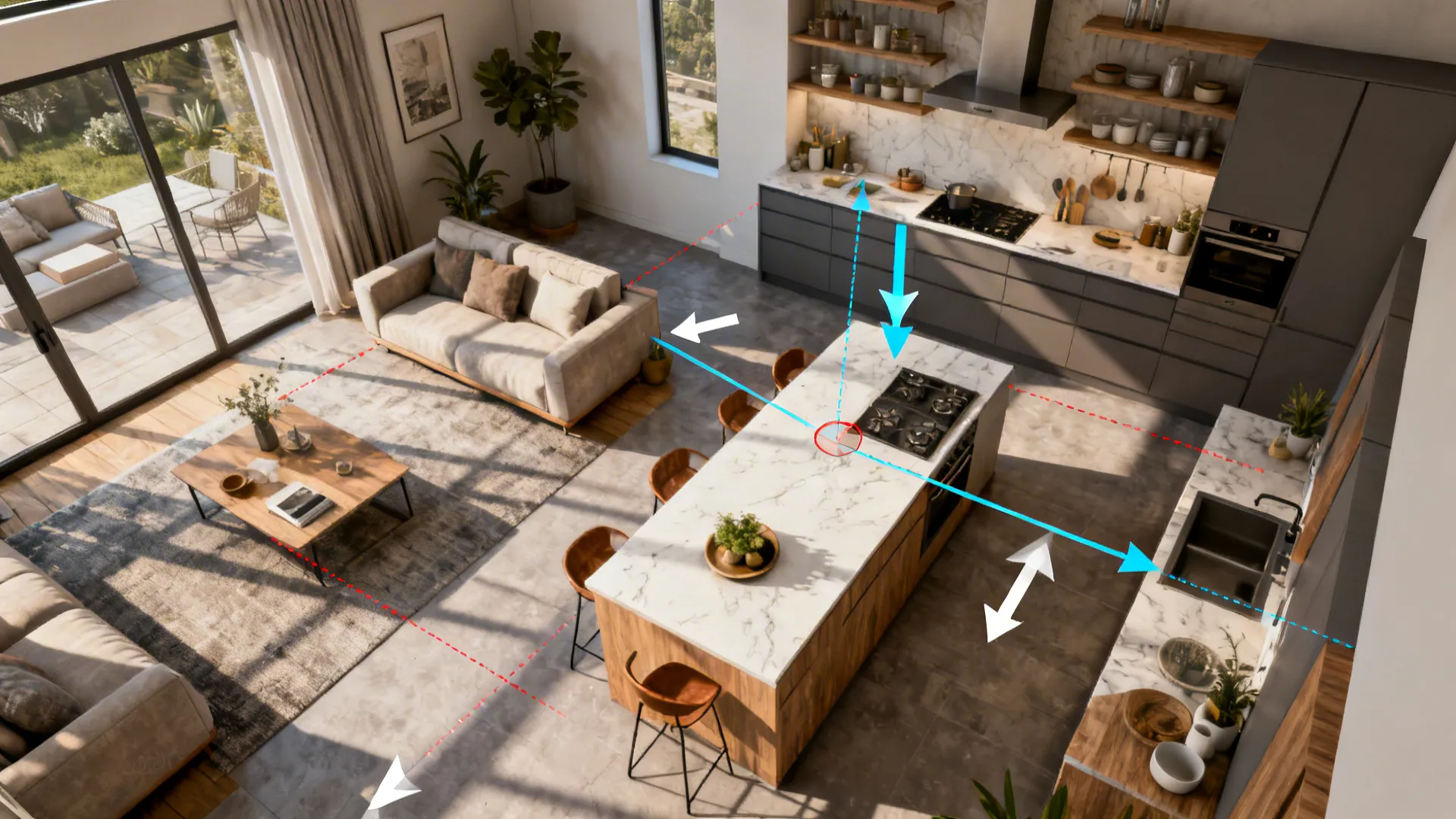 Top-down 3D mockup showing island placement, circulation paths, and sightlines for an open-plan layout.