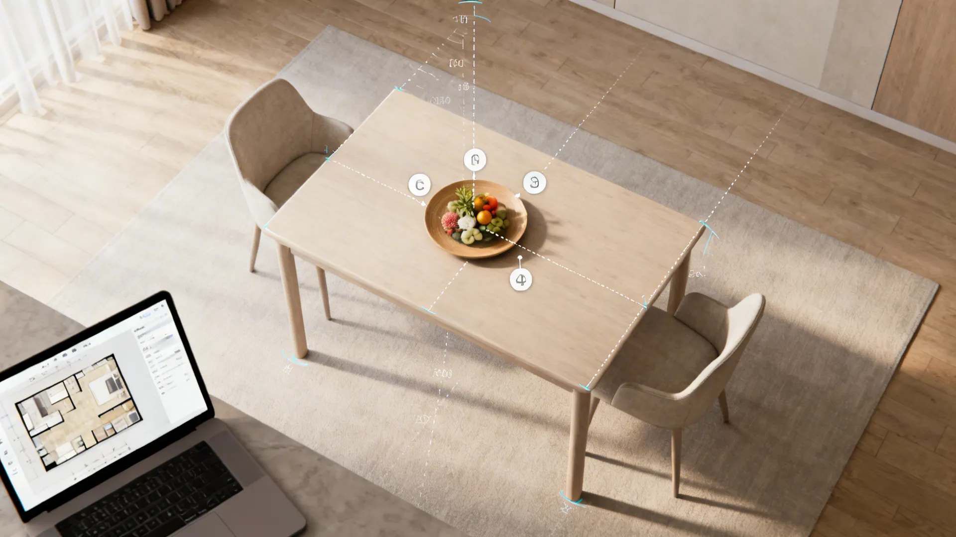 Top-down mockup of a small dining table with centerpiece layout annotations on a digital room planner